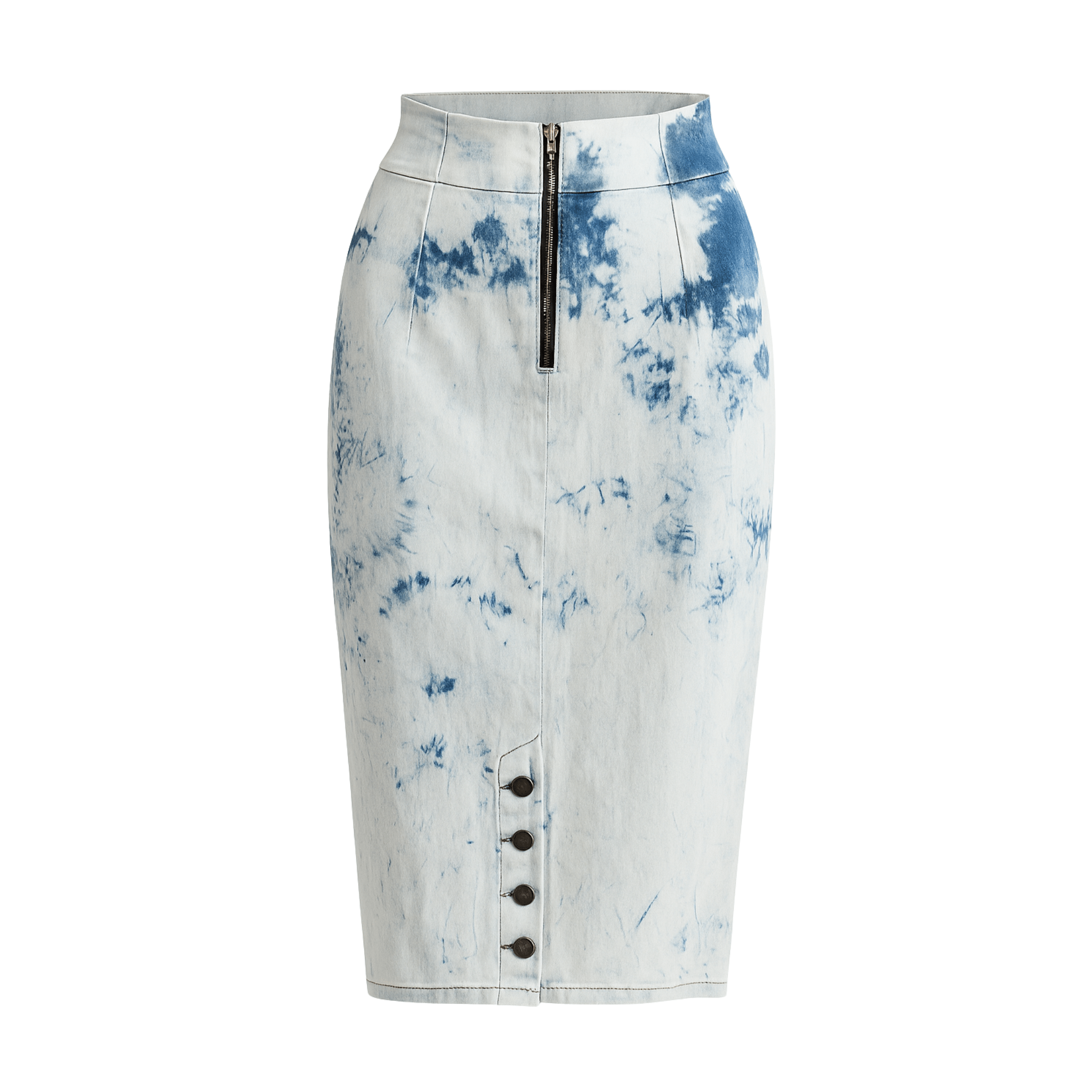 Tailory tie-dye denim pencil skirt back view with clean seam lines and washed finish