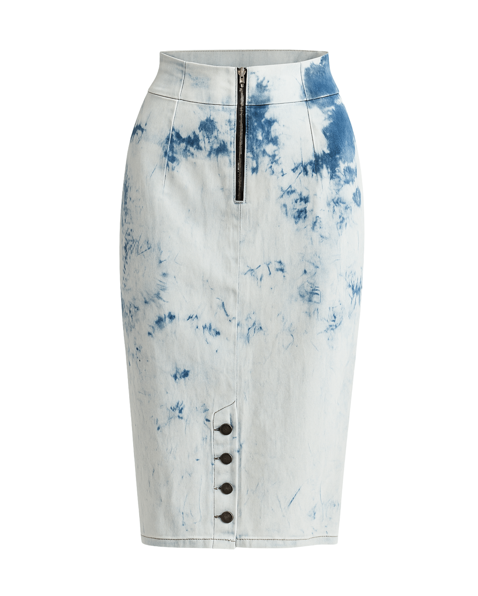 Tailory tie-dye denim pencil skirt back view with clean seam lines and washed finish