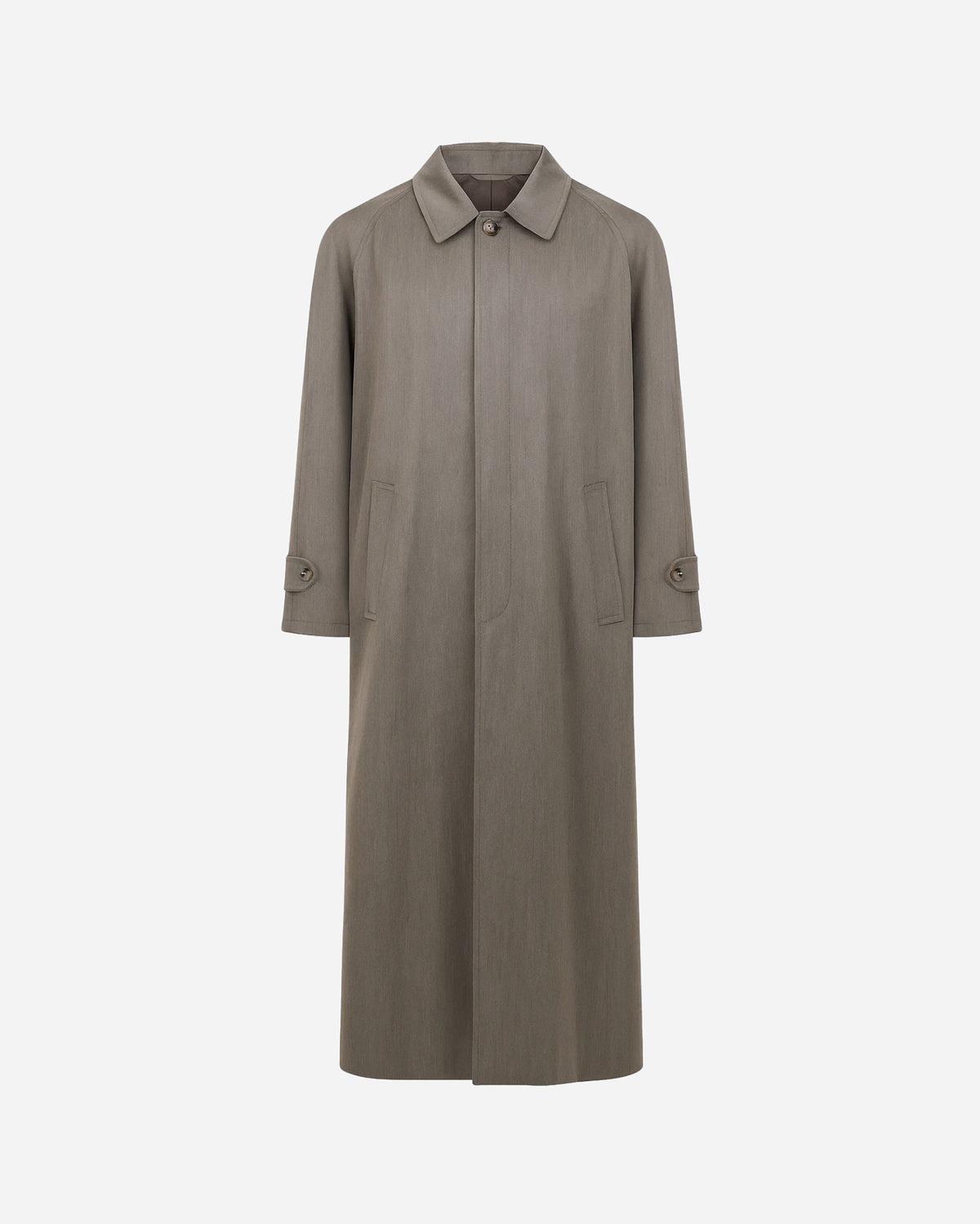 Tailory taupe-grey full-length overcoat with concealed button placket front view