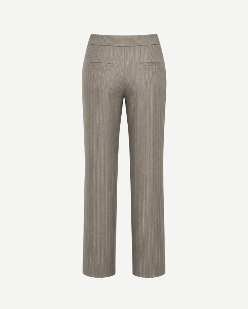 Back view of grey-taupe pinstripe straight-leg trousers with folded waistband, back welt pockets, vertical pinstripe pattern, and full-length hem.