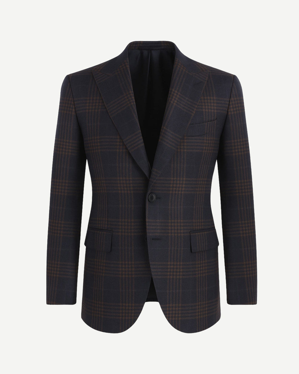 Navy Brown Blazer | Peak Lapel Half-Canvas | Modern Fit featuring a tailored silhouette with a rich navy base and subtle brown plaid pattern for sophisticated, contemporary style.
