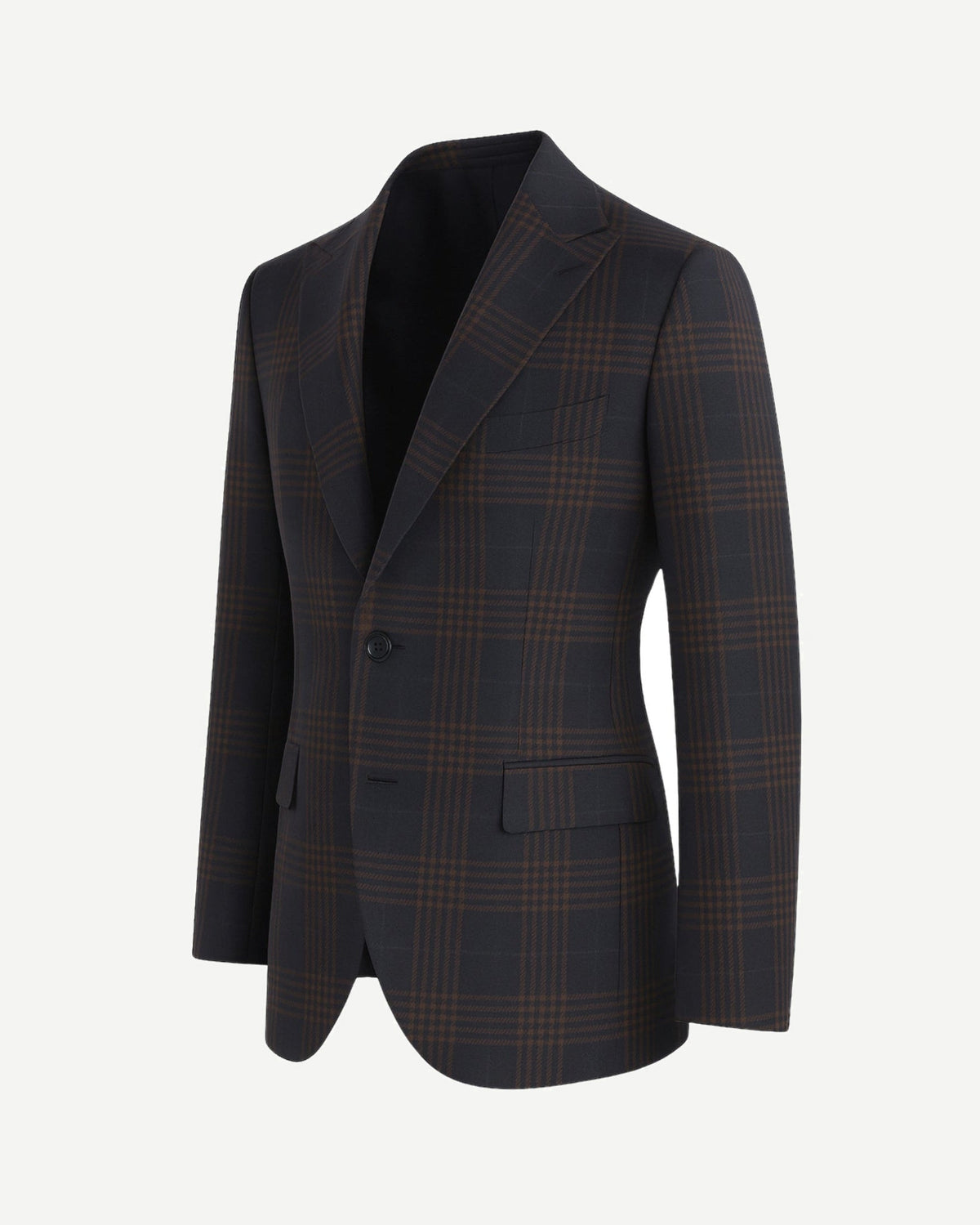 Navy Brown Blazer | Peak Lapel Half-Canvas | Modern Fit featuring a tailored silhouette with a dark navy base and rich brown windowpane plaid for a refined, contemporary look.