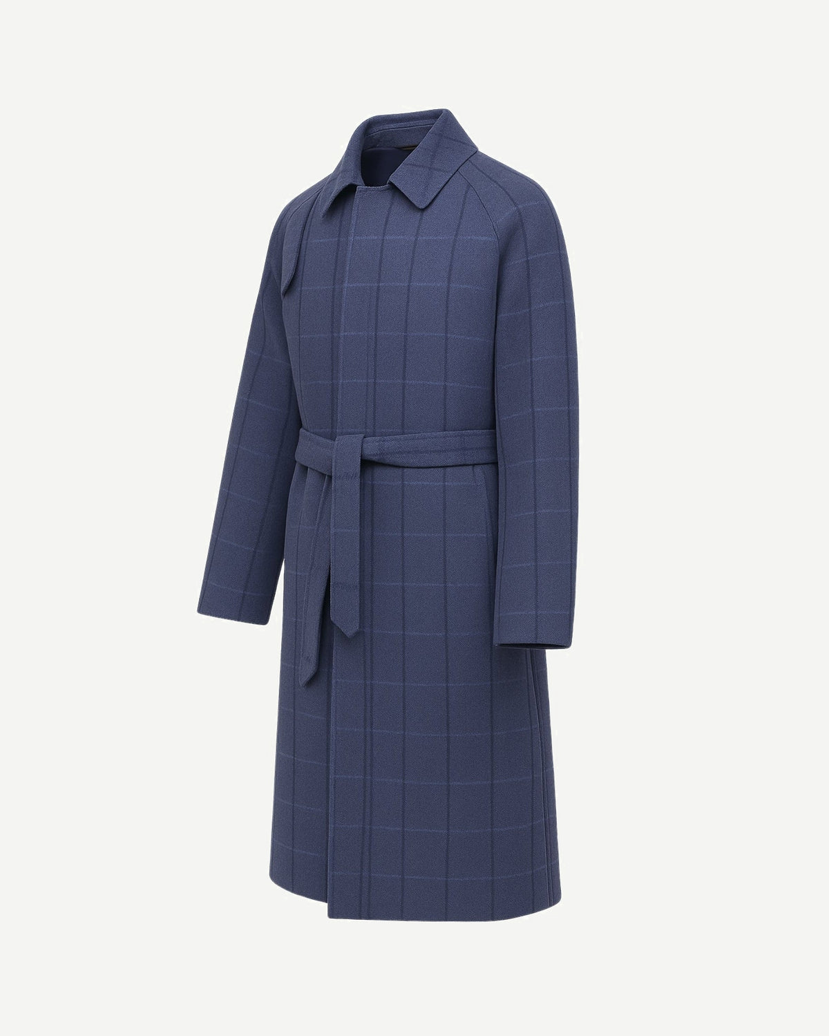 Blue Herringbone Overcoat | Raglan Sleeve Construction | Storm Shield in a deep blue wool fabric with subtle windowpane pattern, featuring a belted waist and classic collar for elegant outerwear.