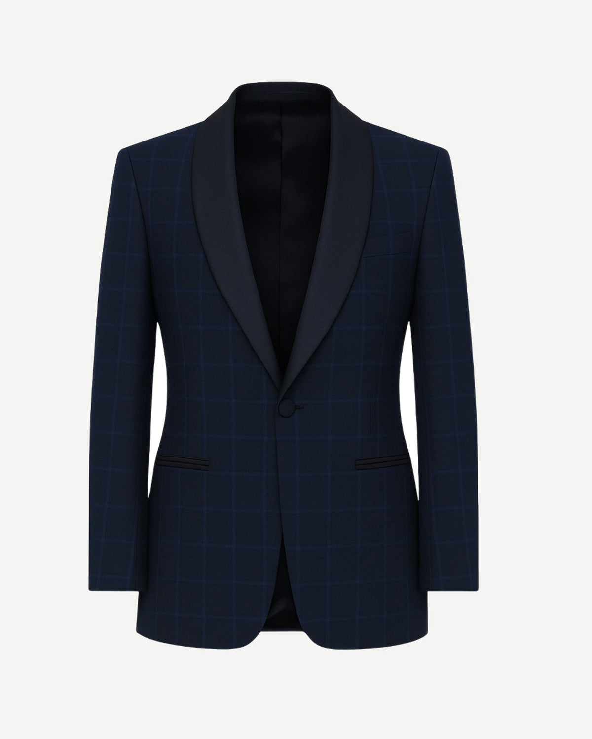Navy Evening Blazer featuring a subtle windowpane pattern with sleek black satin shawl lapels, tailored for a refined and modern formal evening look.