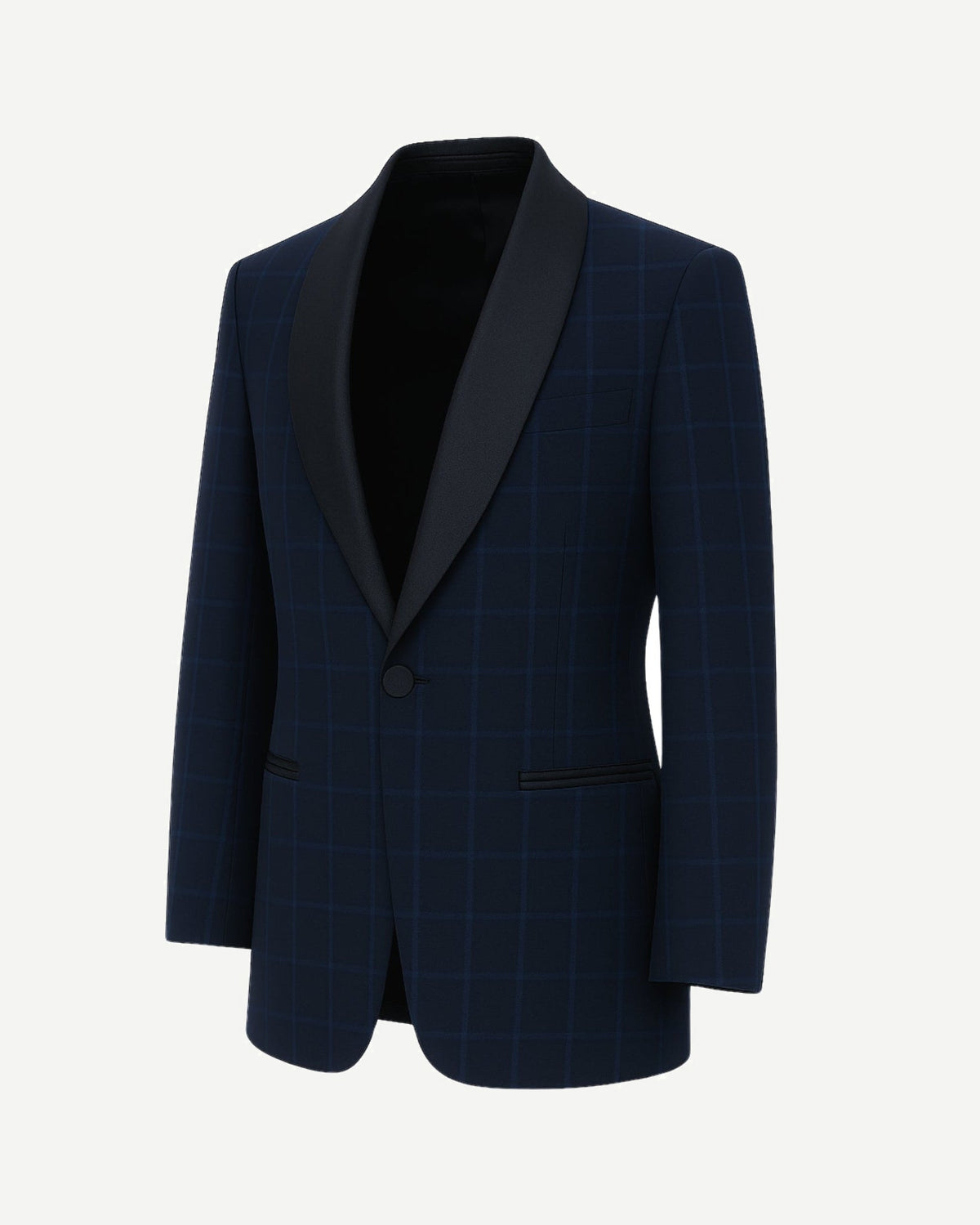 Navy Evening Blazer crafted in a subtle check pattern with smooth black satin shawl lapels and a single-button closure, designed for sophisticated formal evening wear.