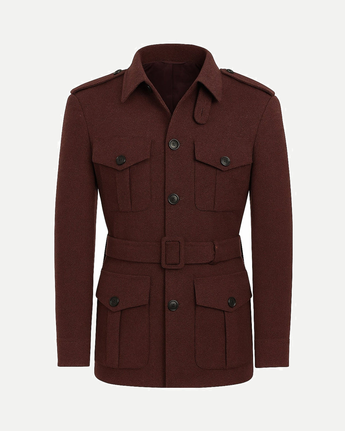 Rusted Gold Jacket | Custom Wool Belted Field Coat in a rich rust hue, featuring a structured collar, buttoned flap pockets, epaulets, and a matching belted waist for a refined silhouette.