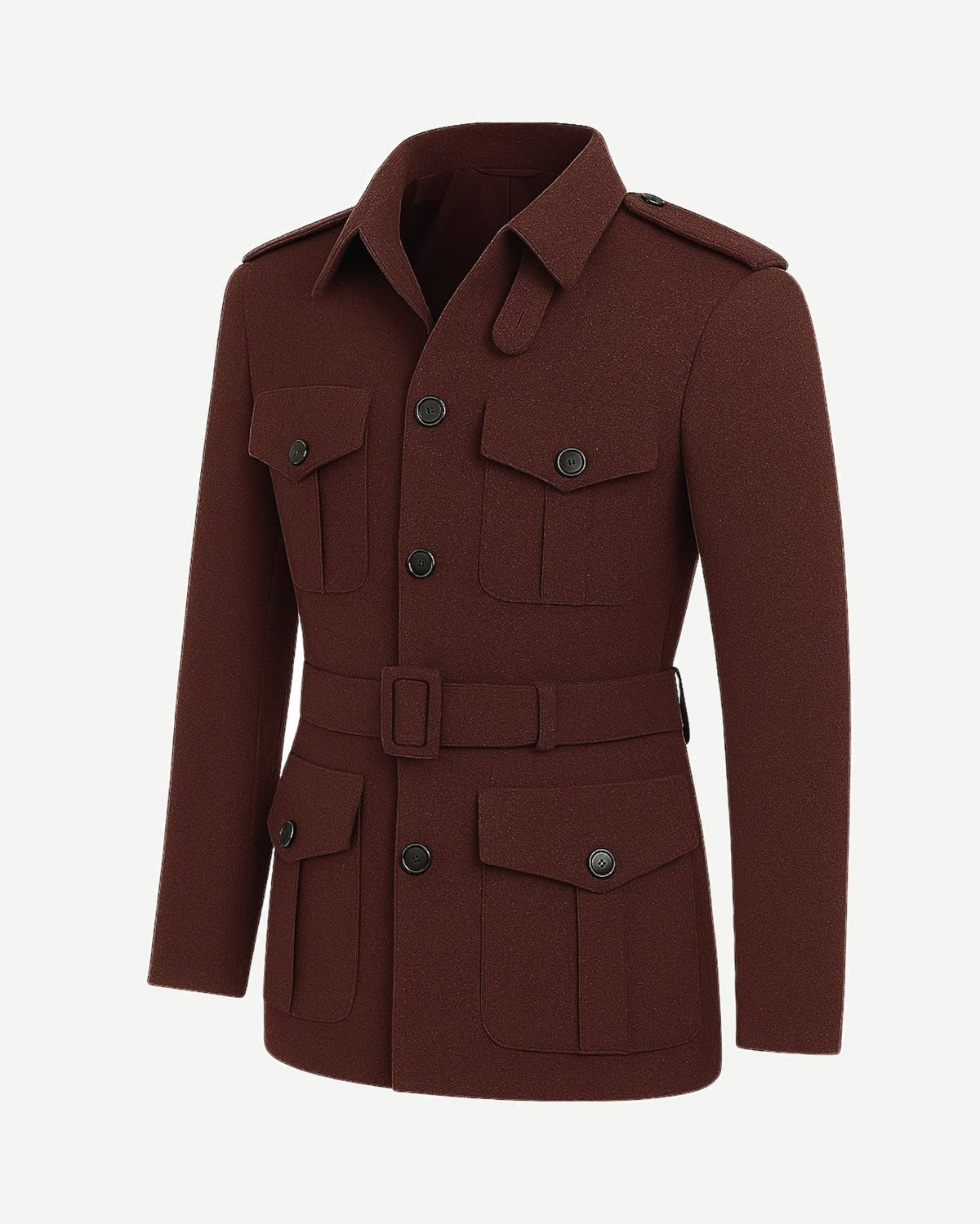 Rusted Gold Jacket | Custom Wool Belted Field Coat in a rich rust tone, featuring multiple buttoned flap pockets, epaulets, a structured collar, and a matching wool belt for a tailored fit.
