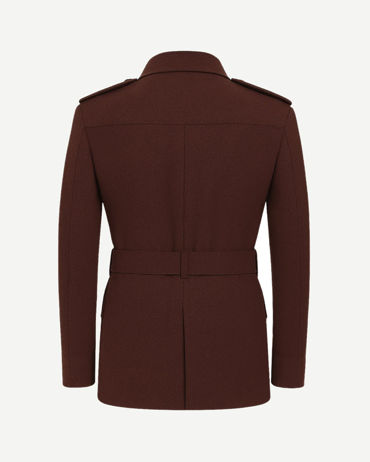 Rusted Gold Jacket | Custom Wool Belted Field Coat shown from the back in a warm rust tone, featuring a belted waist, structured shoulders with epaulets, and a clean, tailored fit.