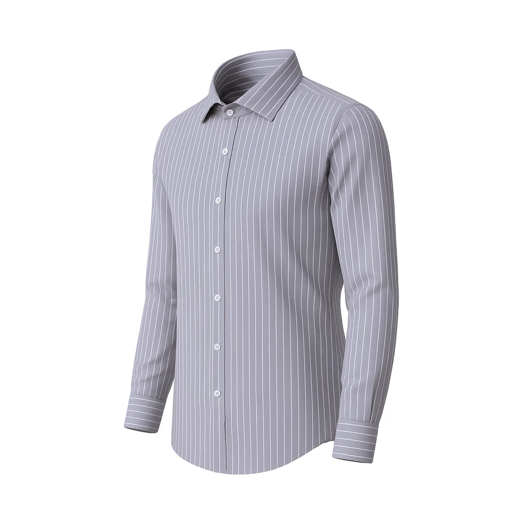 The Tailory New York men's gray pinstripe business shirt angled view