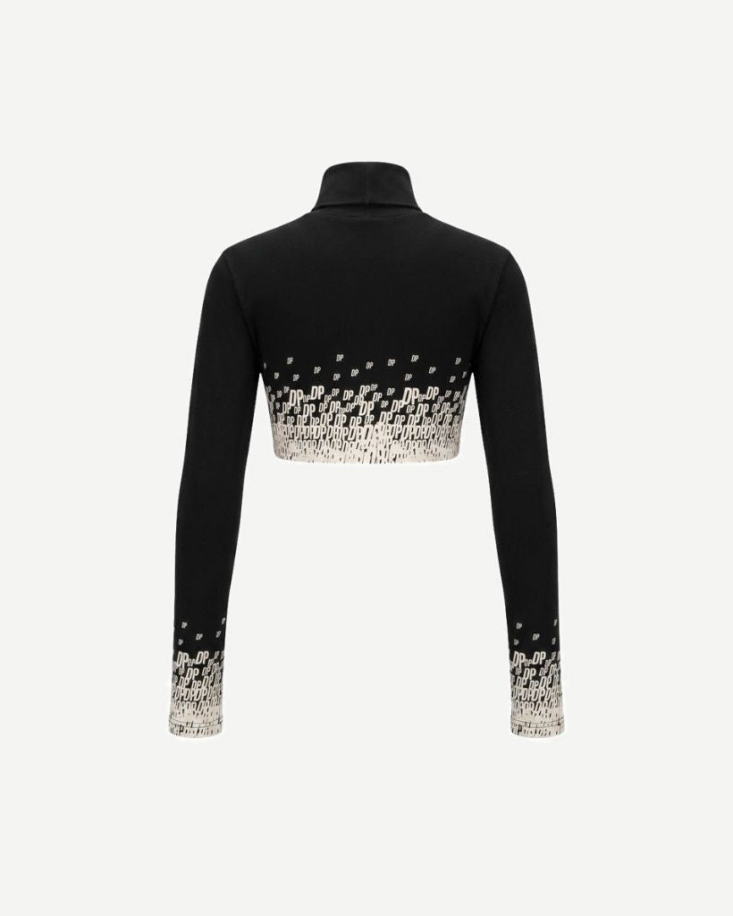 The Tailory New York X Dogpound Cropped Mockneck in black showcases a fitted long-sleeve design with a high collar and an intricate white "DP" logo pattern gradually emerging from the hem and sleeve ends.