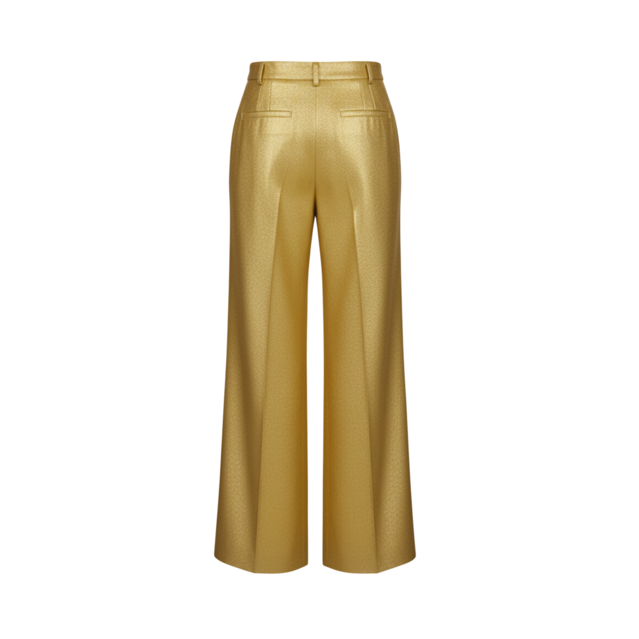 Gold silk lamé tailored trousers — back view