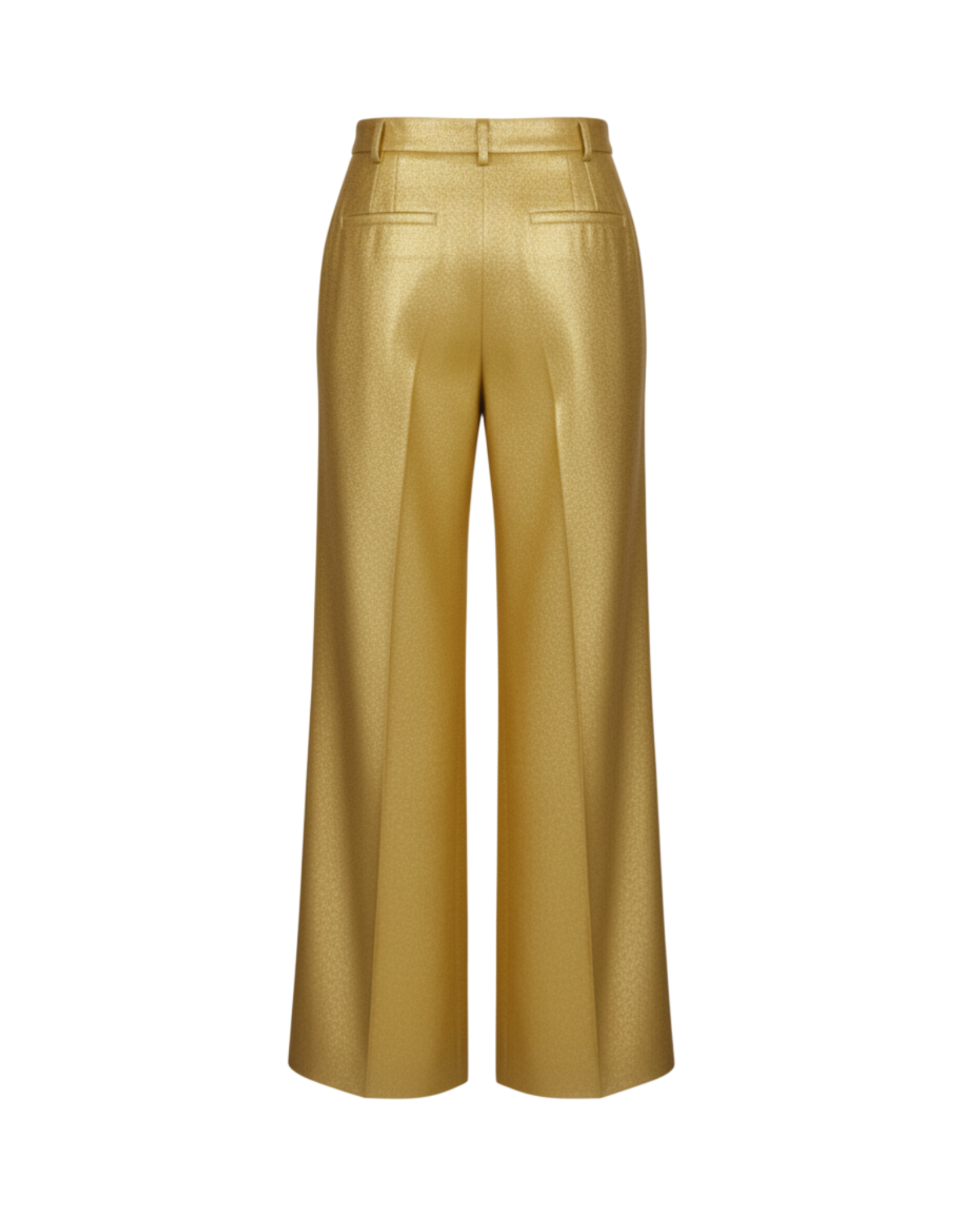 Gold silk lamé tailored trousers — back view