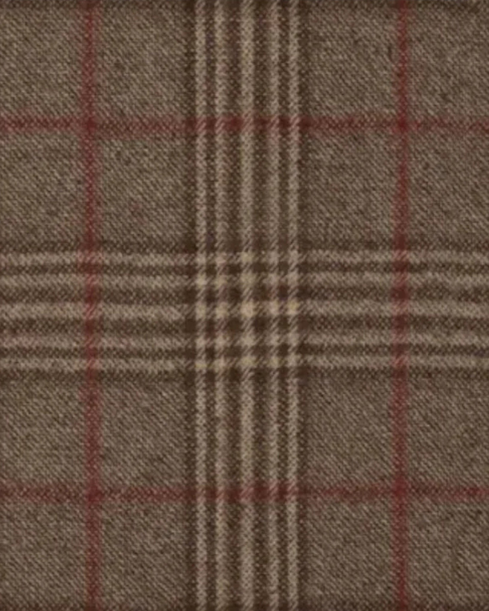 Close-up view of a Glen Plaid wool fabric in brown tones with subtle red and beige windowpane lines, part of the Brown Walking Coat | Glen Plaid Wool | Full Canvas Construction.