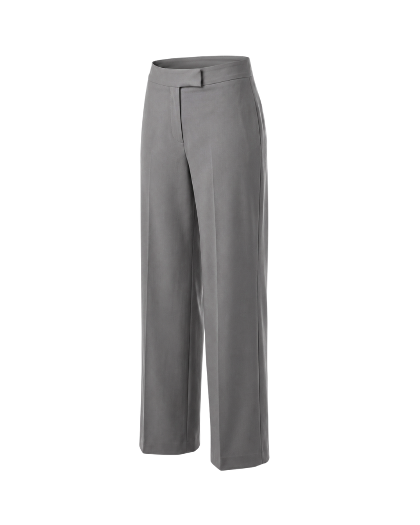 Angled view of The Dailies Wide-Leg Trouser showing the grey suiting fabric, structured waistband, front closure detail, pressed crease, and wide-leg shape.