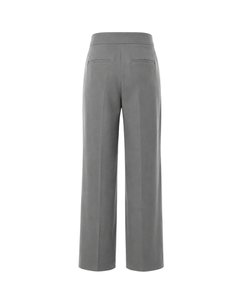 Back view of The Dailies Wide-Leg Trouser in grey suiting fabric with back welt pockets, clean waistband, pressed creases, and full-length wide-leg fit.