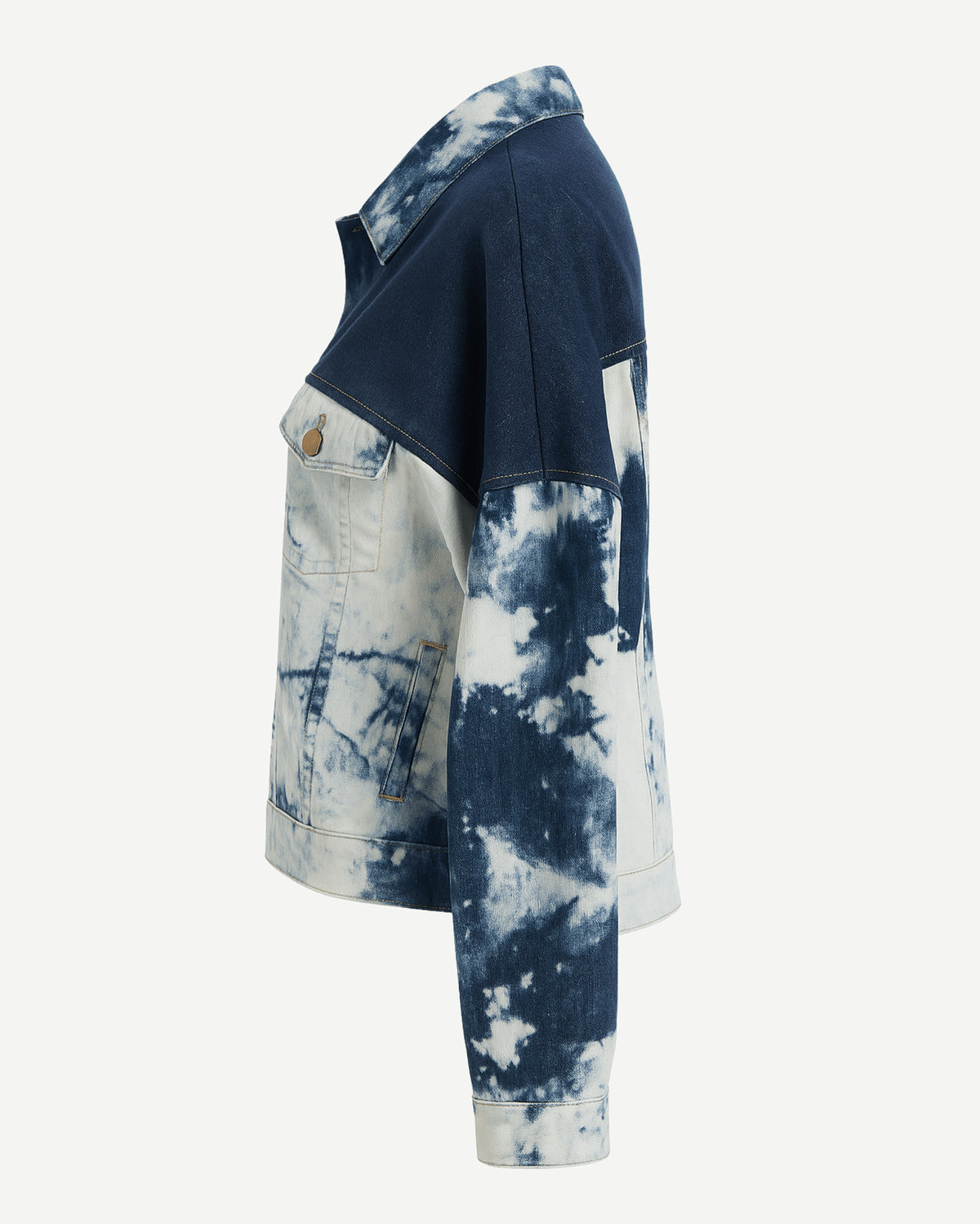 Tailory blue and white tie-dye denim jacket side view