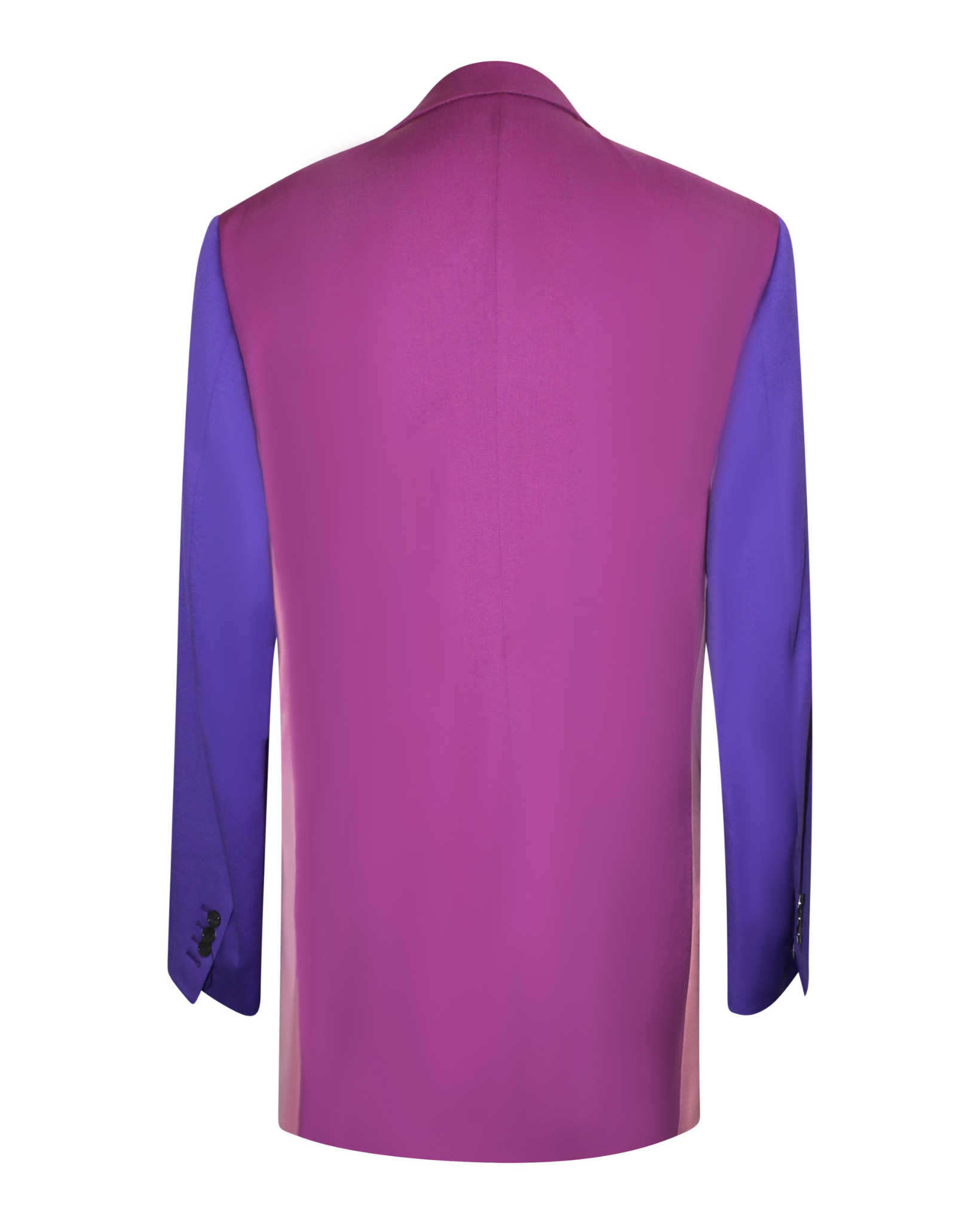 Pink Purple Color-Block Double-Breasted Blazer shown from the back, featuring a bold magenta back panel with vibrant purple sleeves and tailored lines for contemporary gender-neutral suiting.
