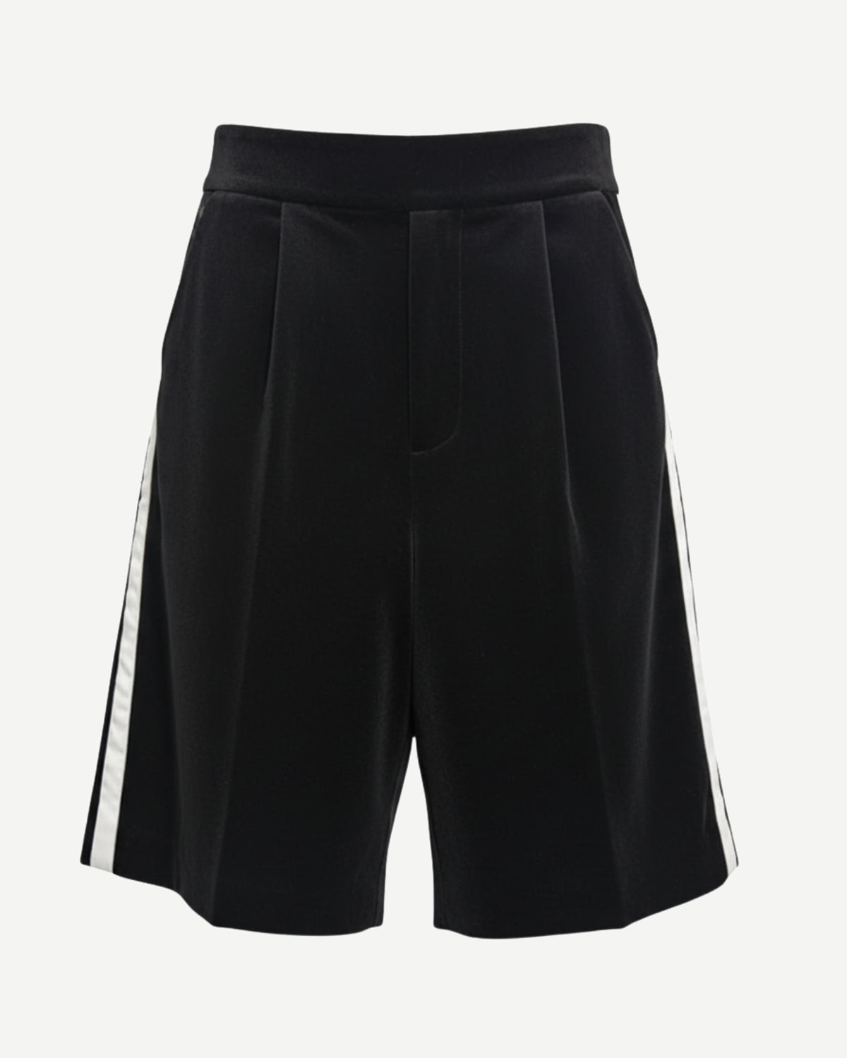 Black Velvet Shorts with White Satin Side Stripe featuring a tailored fit, smooth velvet fabric, and contrasting glossy satin stripes along the outer seams for elegant leisurewear.