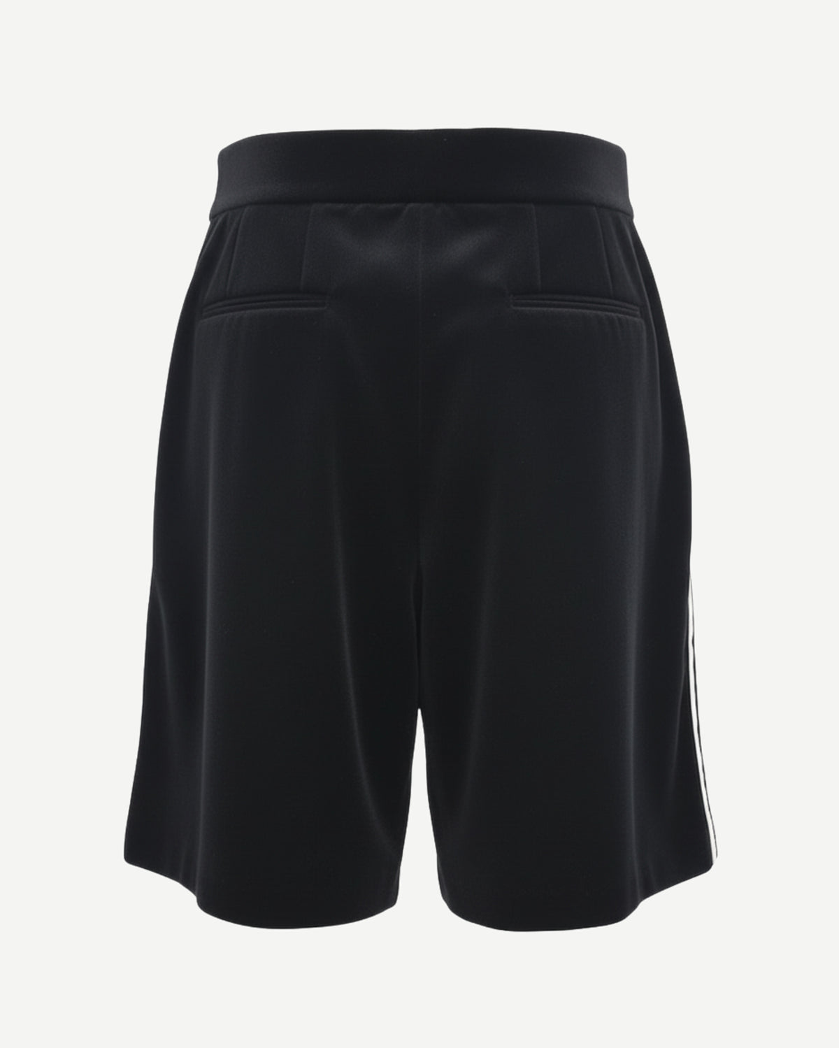 Back view of Black Velvet Shorts with White Satin Side Stripe, featuring a smooth velvet fabric, tailored waistband, and sleek welt pockets for a refined, elegant leisurewear style.