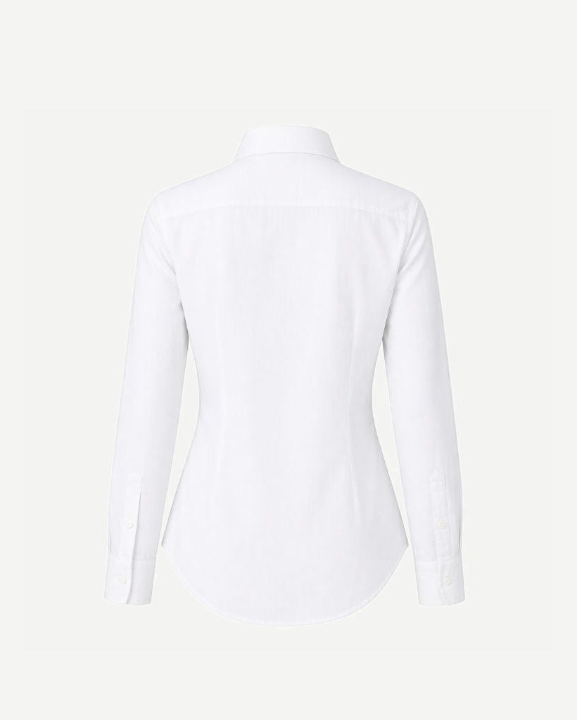 Back view of the White Bamboo Summer Wedding Shirt featuring a gently tailored silhouette, long sleeves with buttoned cuffs, and smooth breathable fabric designed for elegant summer occasions.