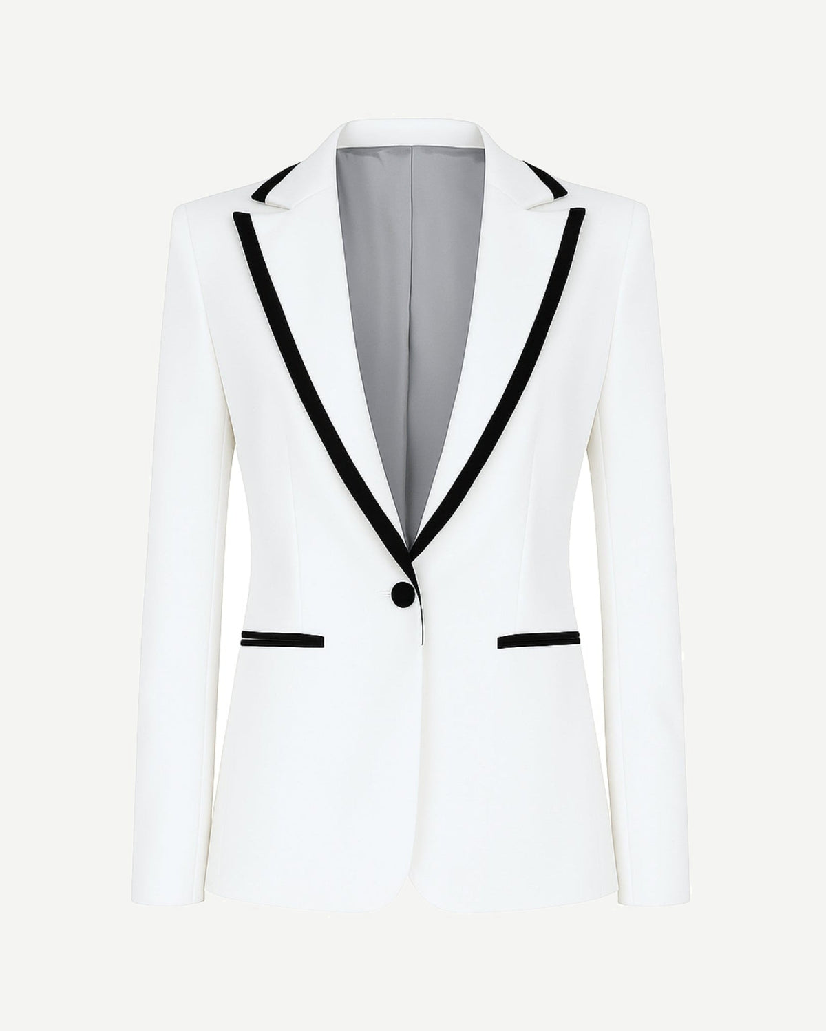 White Tuxedo Blazer with Contrast Piping featuring a slim tailored fit, black contrast piping along the notch lapels and pockets, single-button closure, and smooth grey interior lining for elegant formalwear.