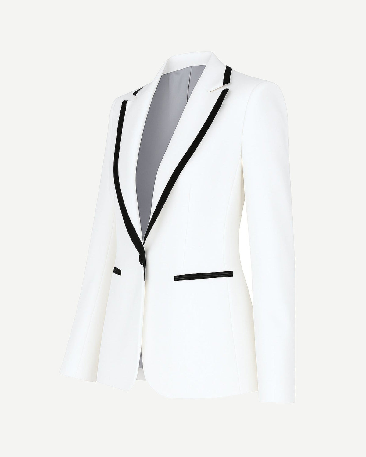 White Tuxedo Blazer with Contrast Piping featuring a sleek tailored fit, black trim along the lapels and pockets, single button closure, and smooth light grey interior lining for refined formalwear.