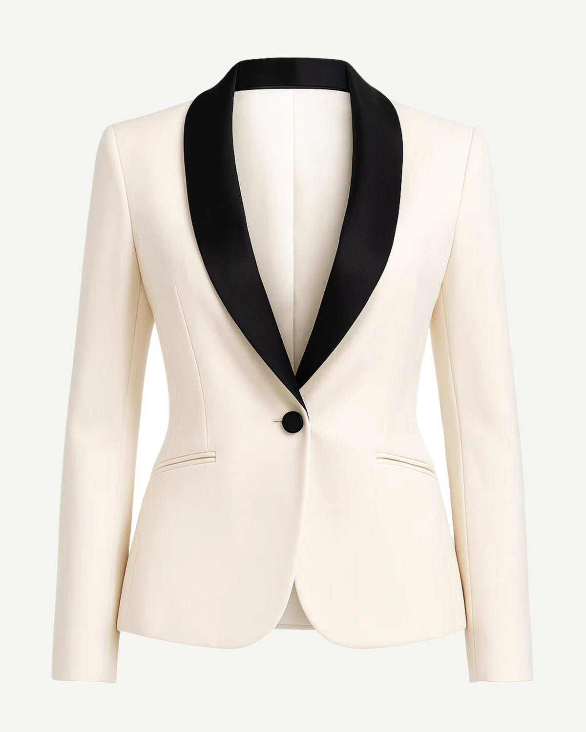 White blazer with black lapels on a white background