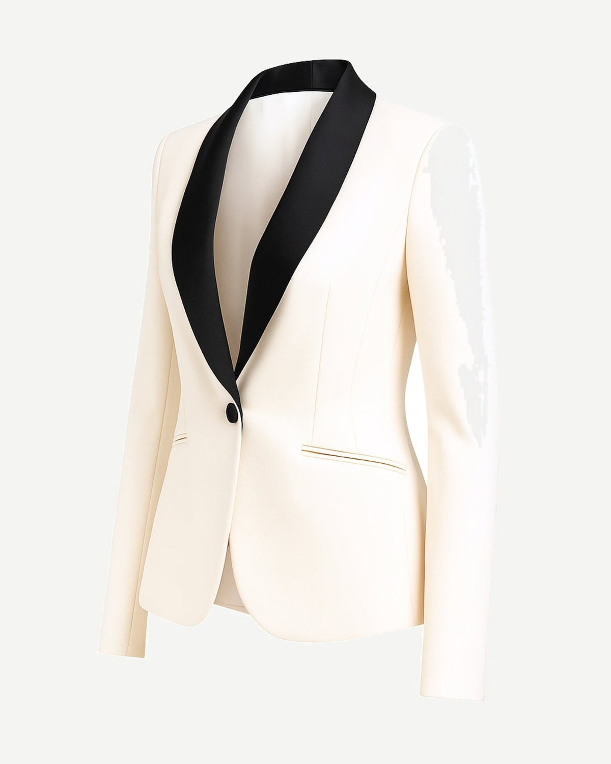 White Blazer Black Shawl Collar Tuxedo Jacket featuring a tailored silhouette with a single-button closure, sleek black shawl lapels, and slim long sleeves for sophisticated formalwear.