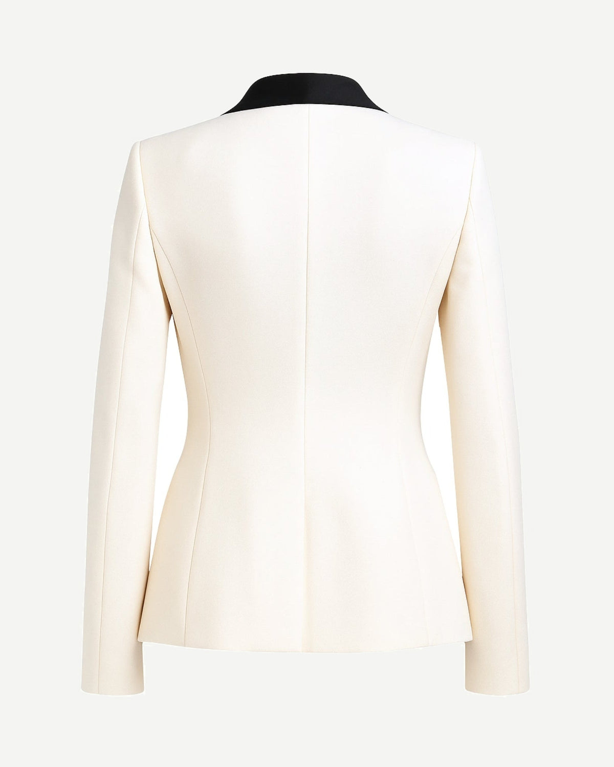 White Blazer Black Shawl Collar Tuxedo Jacket shown from the back, featuring a tailored fit with clean lines, long sleeves, and a contrasting black shawl collar for elegant formalwear.