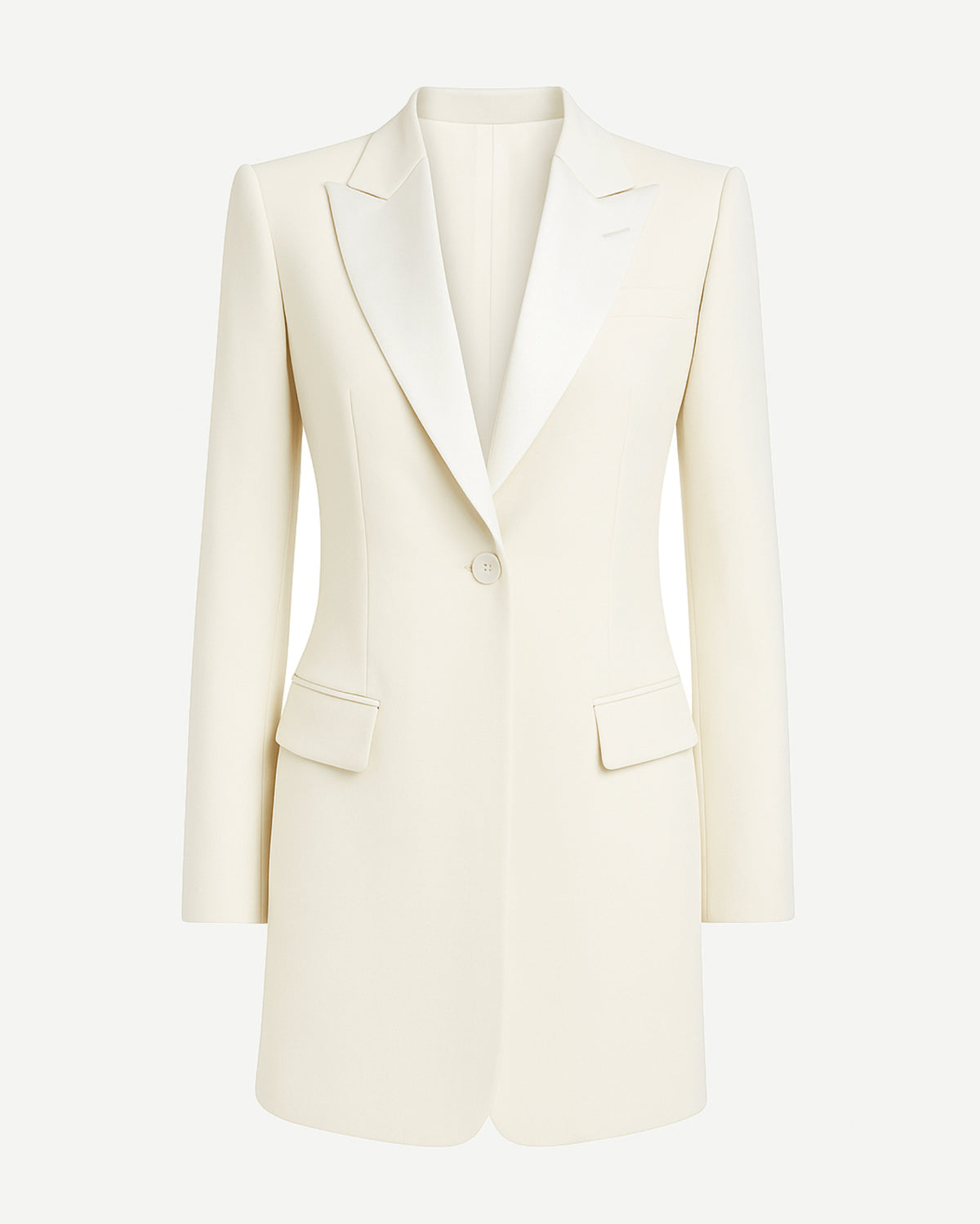 Tailory ivory longline blazer with satin lapels front view