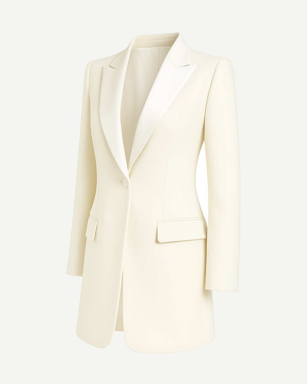 Tailory ivory longline blazer with satin lapels side view