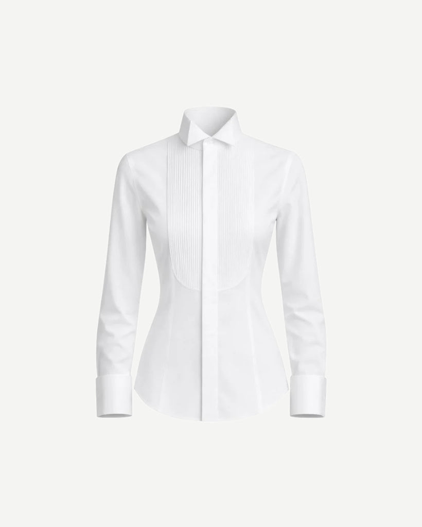 Tailory white cotton tuxedo shirt pleated bib front view