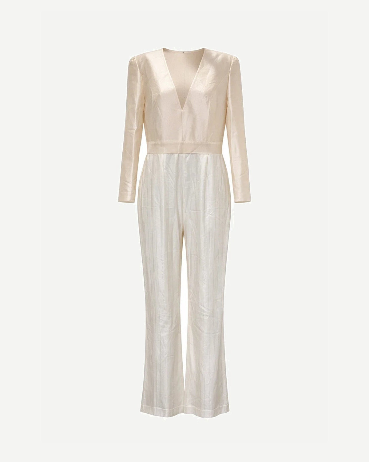 Tailory white metallic pinstripe tailored jumpsuit front view