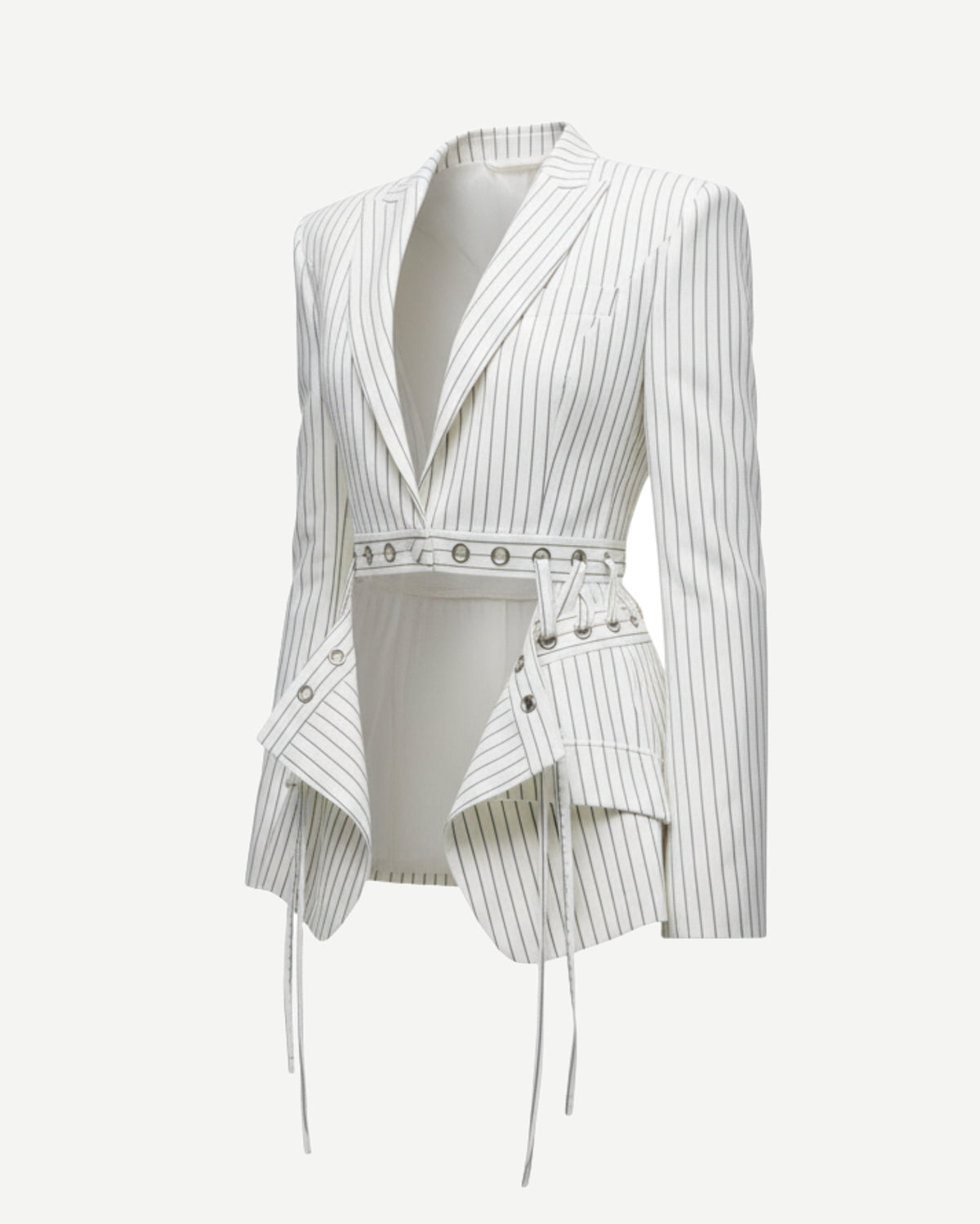 Tailory white pinstripe blazer with corset belt side view