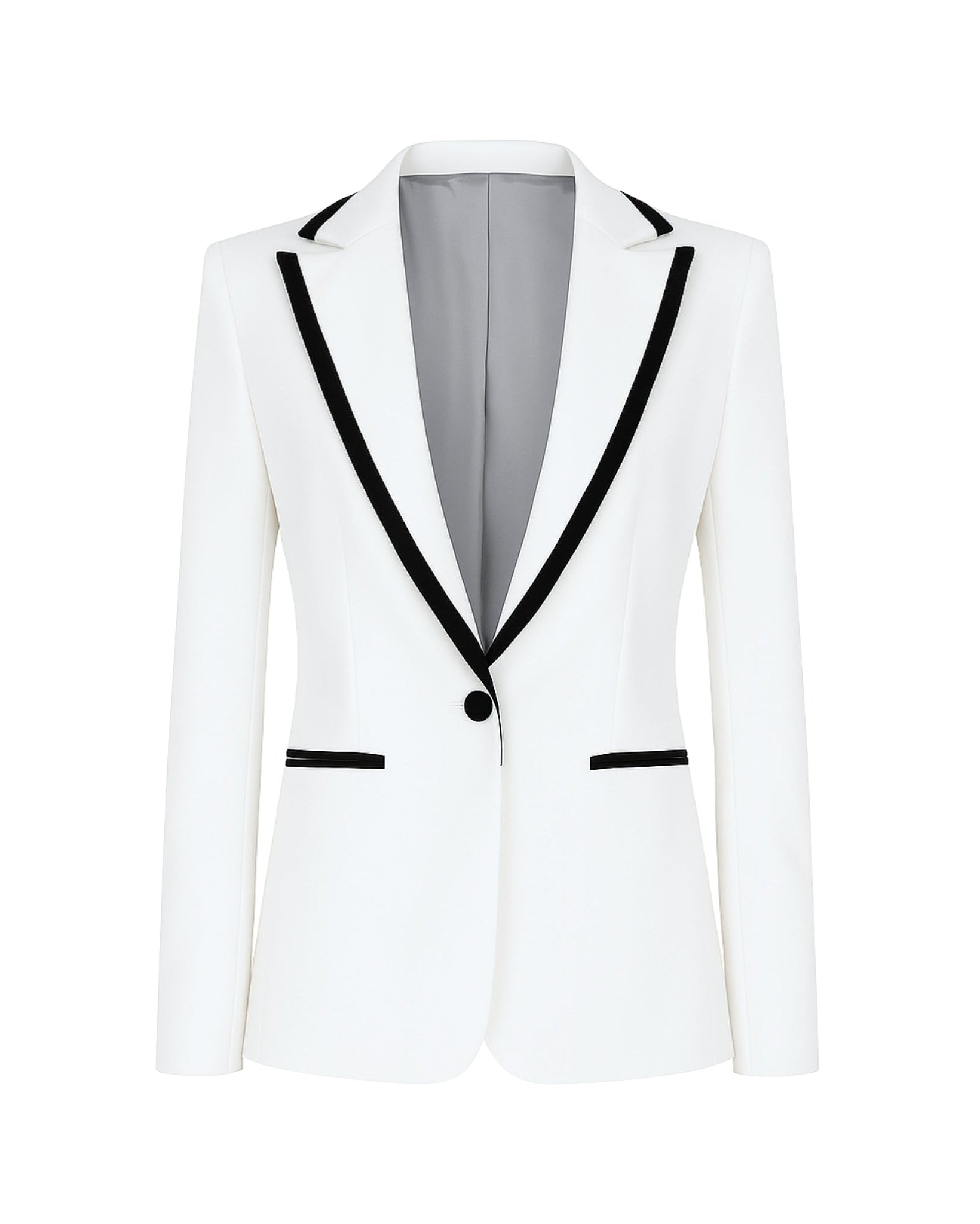 White Tuxedo Blazer with Contrast Piping featuring a slim tailored fit, black contrast piping along the notch lapels and pockets, single-button closure, and smooth grey interior lining for elegant formalwear.