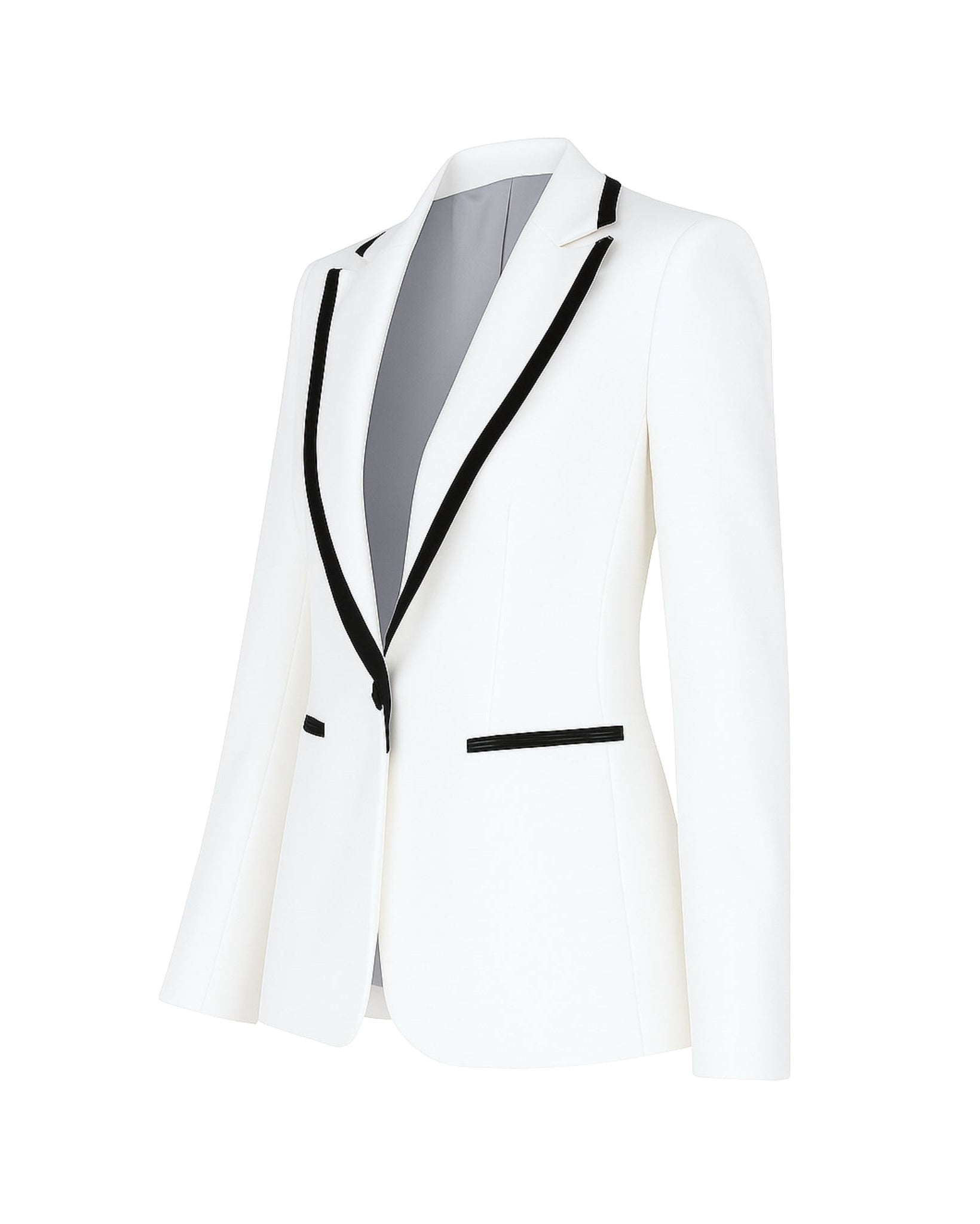 White Tuxedo Blazer with Contrast Piping featuring a sleek tailored fit, black trim along the lapels and pockets, single button closure, and smooth light grey interior lining for refined formalwear.