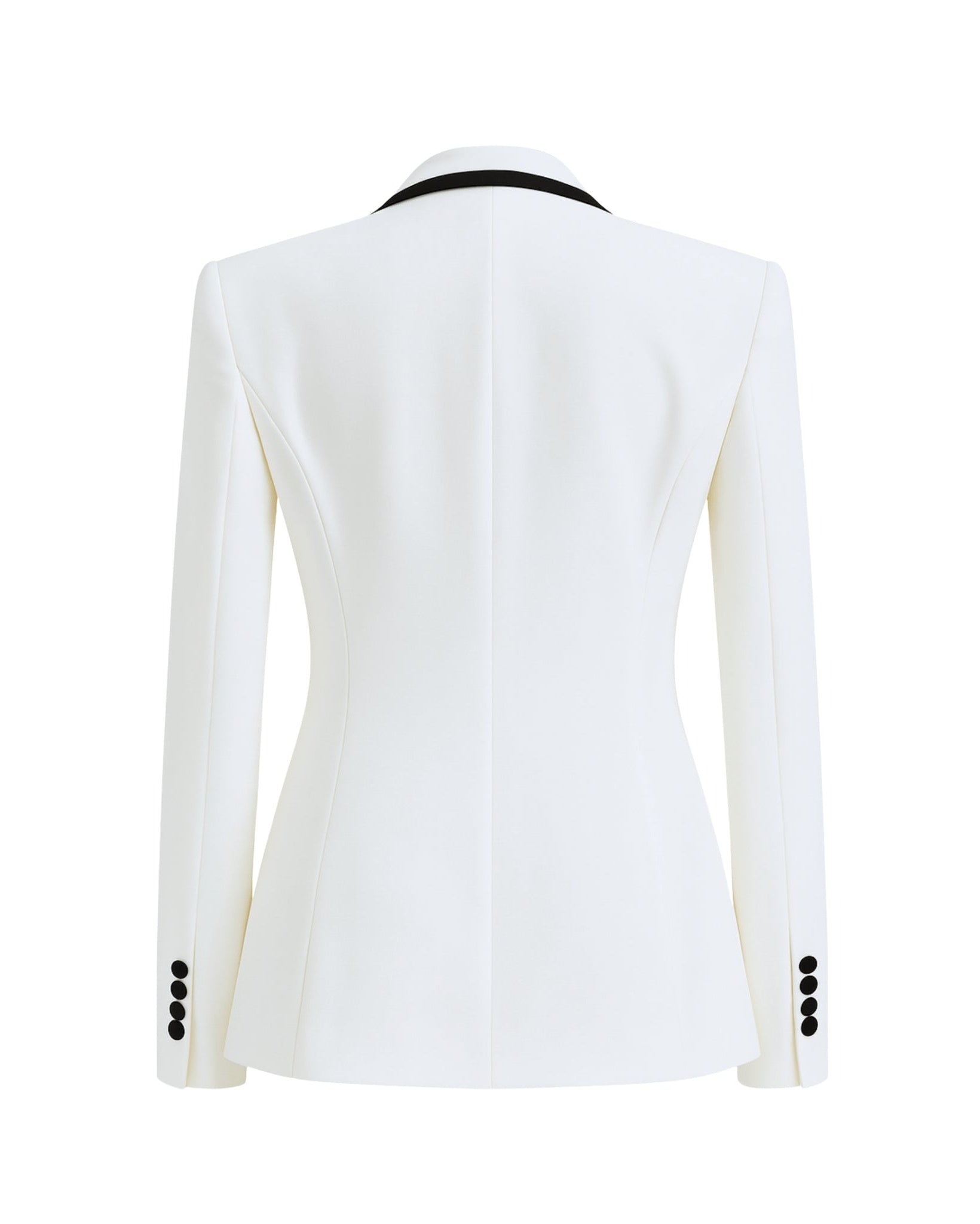 White Tuxedo Blazer with Contrast Piping shown from the back, featuring a structured tailored fit, long sleeves with black buttons, and a black contrast collar for elegant formalwear.