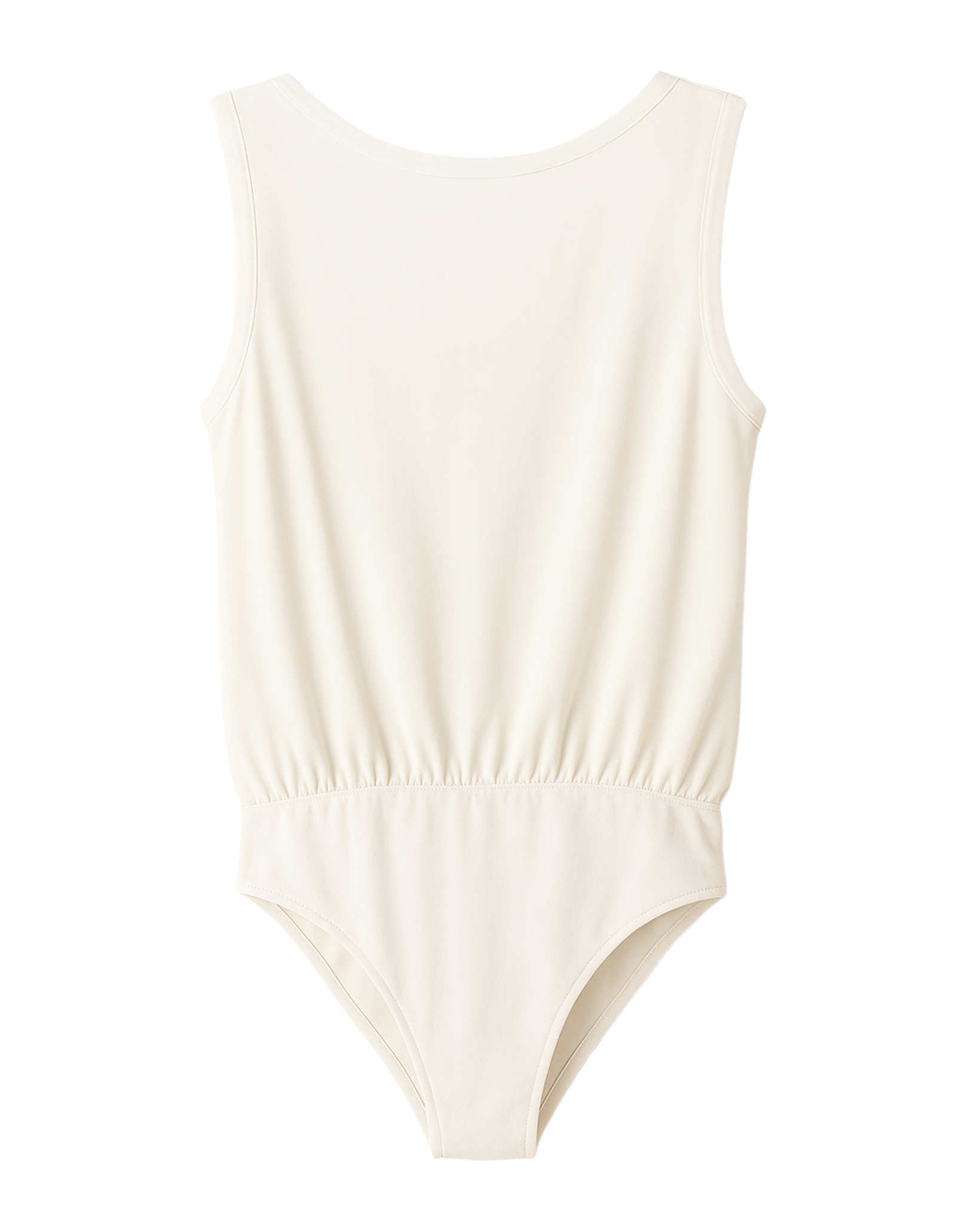“Back view of white silk crepe bodysuit with smooth silk crepe finish.”