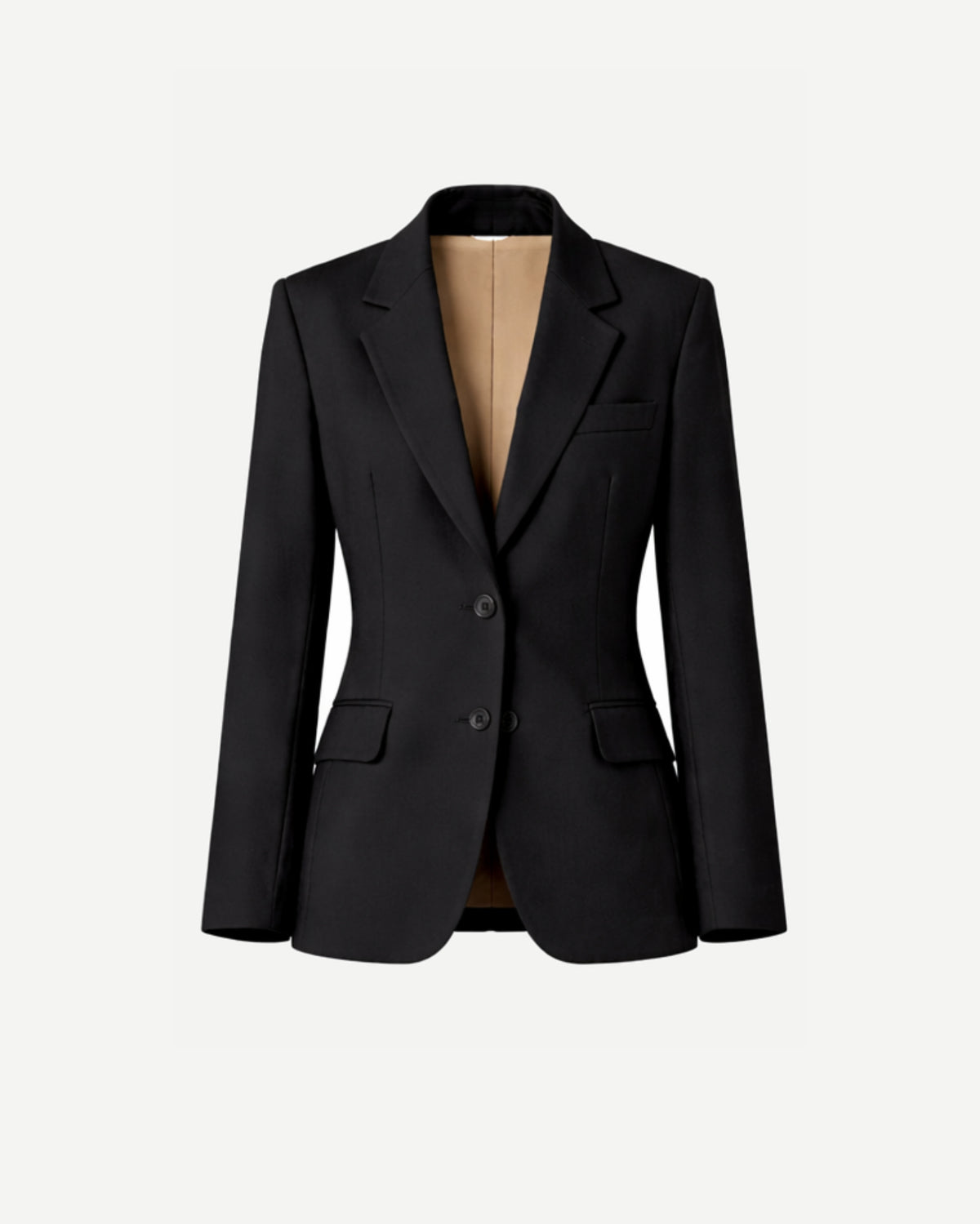 Women's Wearhouse | Back Fitted Suit Jacket in a sleek black fabric, featuring a tailored silhouette with notch lapels, two-button closure, and flap pockets for sophisticated women's suiting.