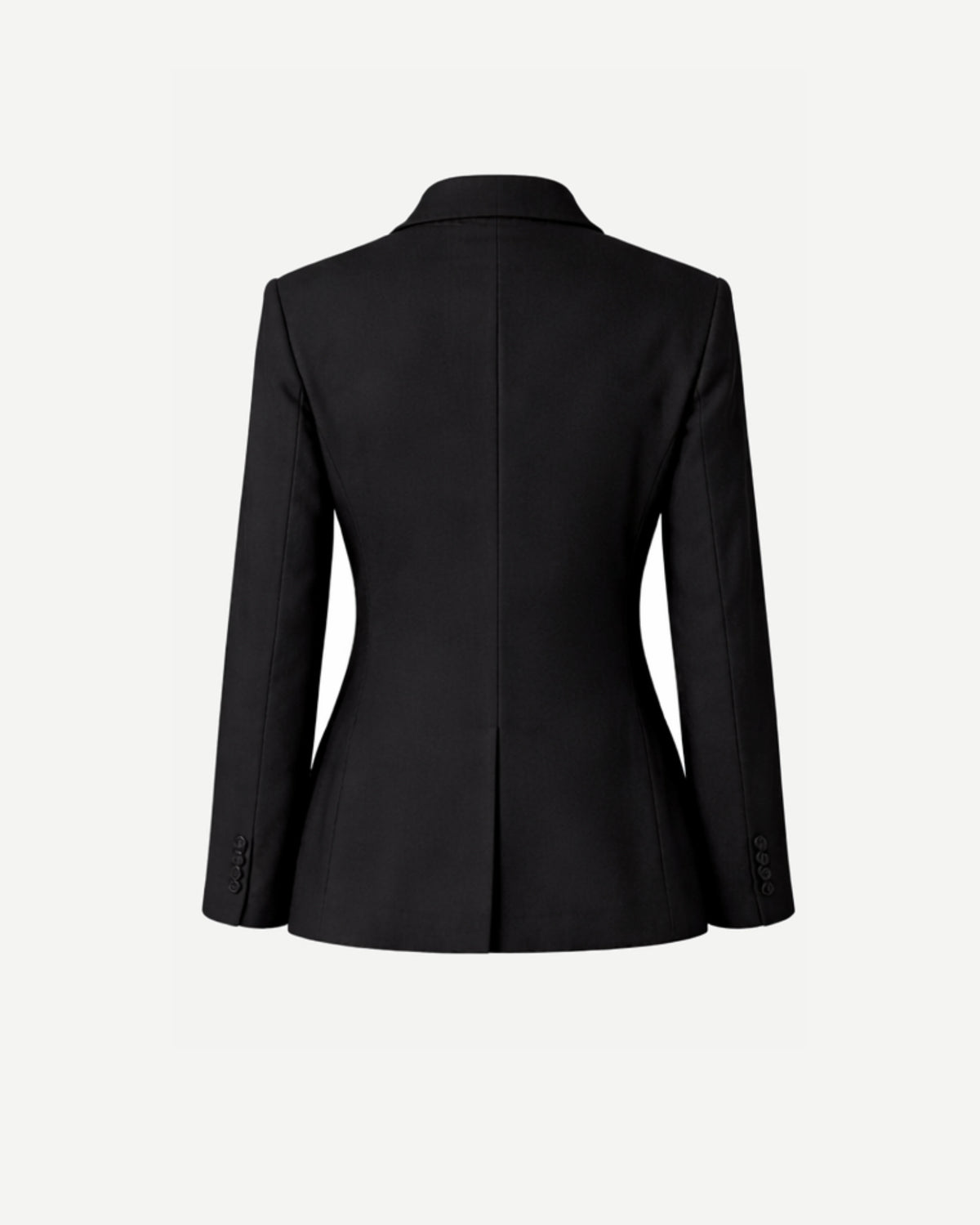 Women's Wearhouse | Back Fitted Suit Jacket in a sleek black fabric, tailored with princess seams, a center back vent, and long sleeves finished with button cuffs for a flattering fit.