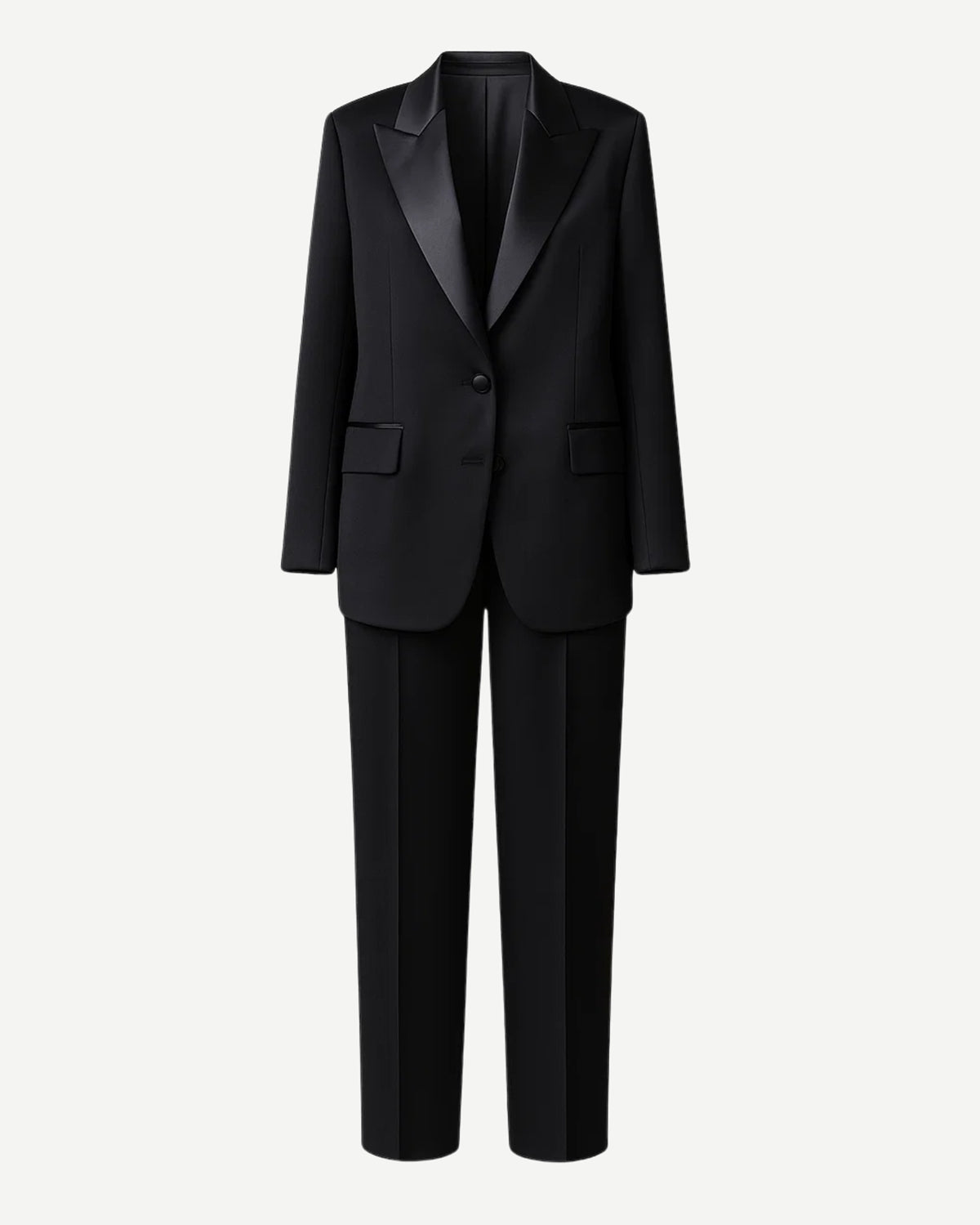 SAMPLE SALE | Women's Black Oversized Wedding Suit featuring a relaxed fit blazer with satin notch lapels, single-button closure, flap pockets, and straight-leg trousers for contemporary bridal suiting.