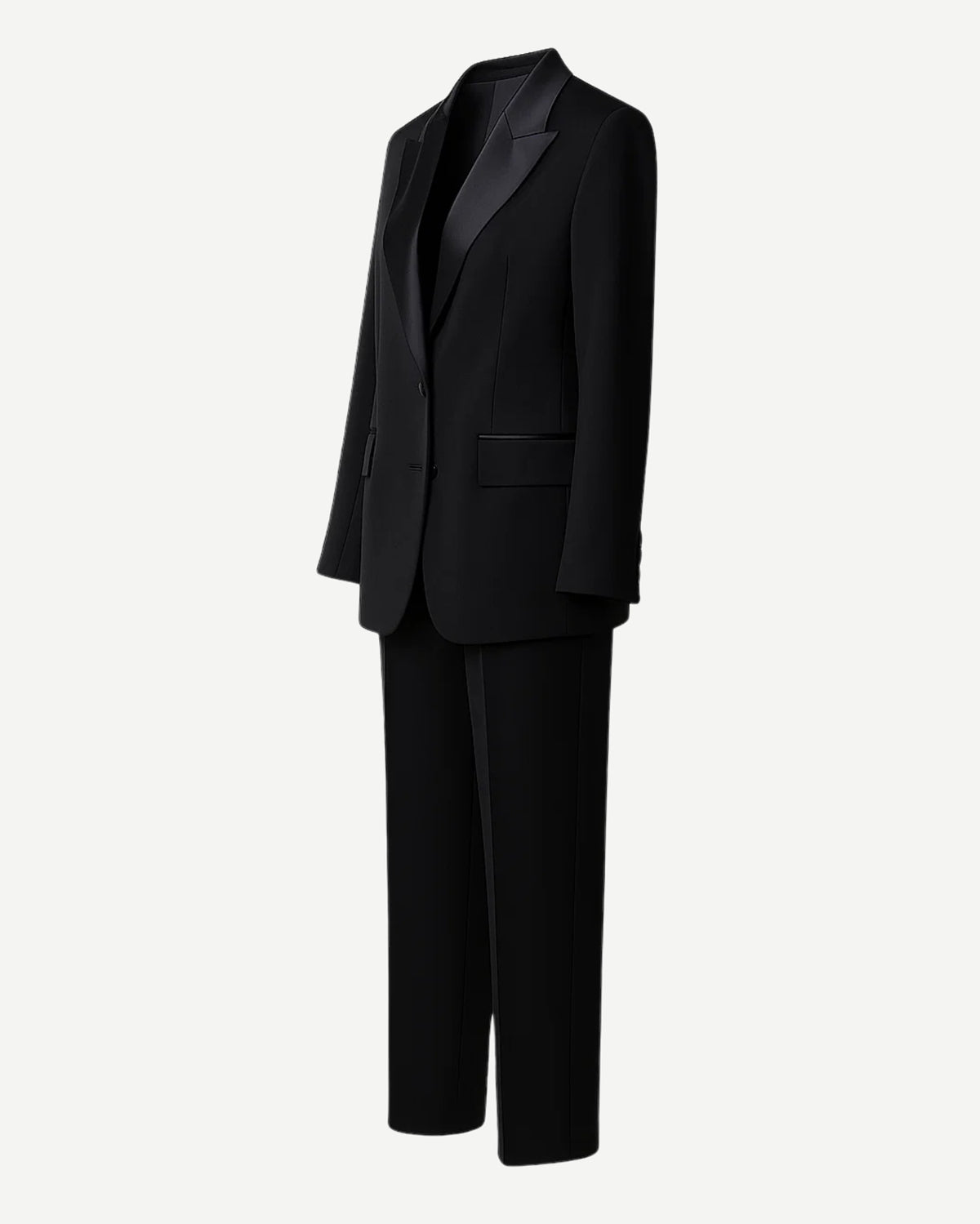 SAMPLE SALE | Women's Black Oversized Wedding Suit featuring a relaxed blazer with satin notch lapels, structured shoulders, flap pockets, and straight-leg tailored trousers for sophisticated bridal suiting.