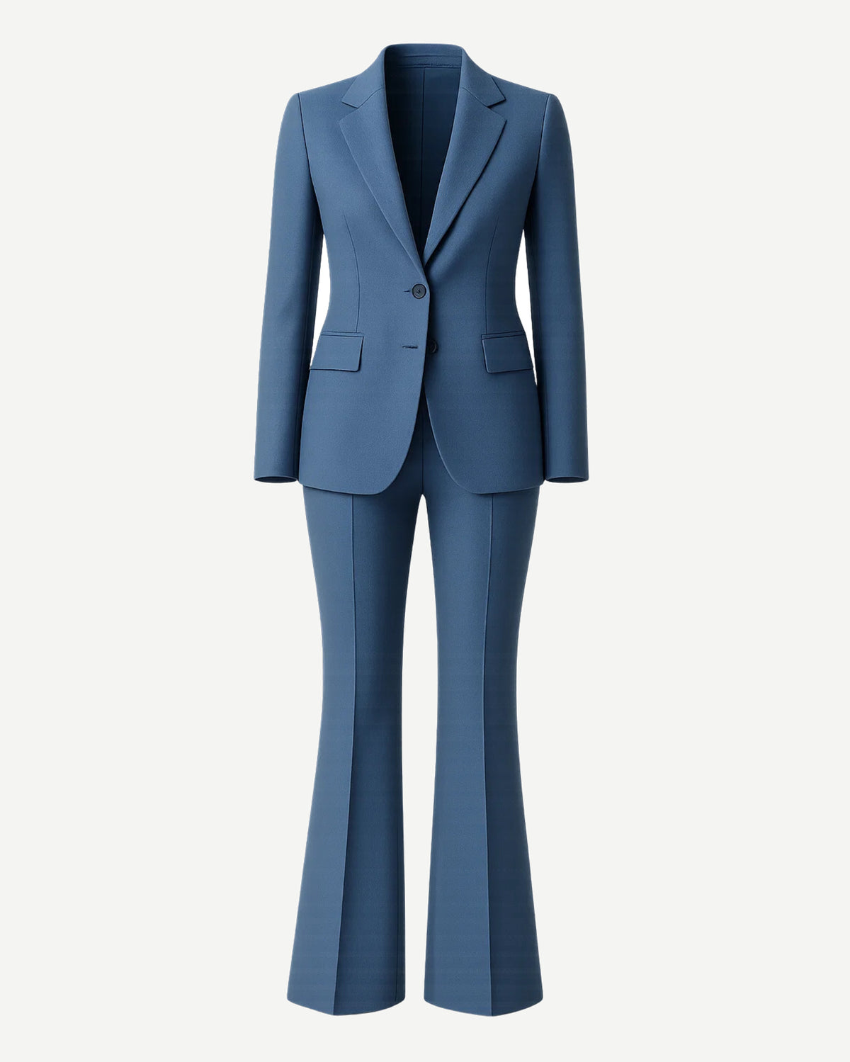 Women's Blue Two Piece Suit Set featuring a tailored blazer with notch lapels, single-button closure, and front flap pockets paired with high-waisted, flared trousers for a modern, elegant silhouette.
