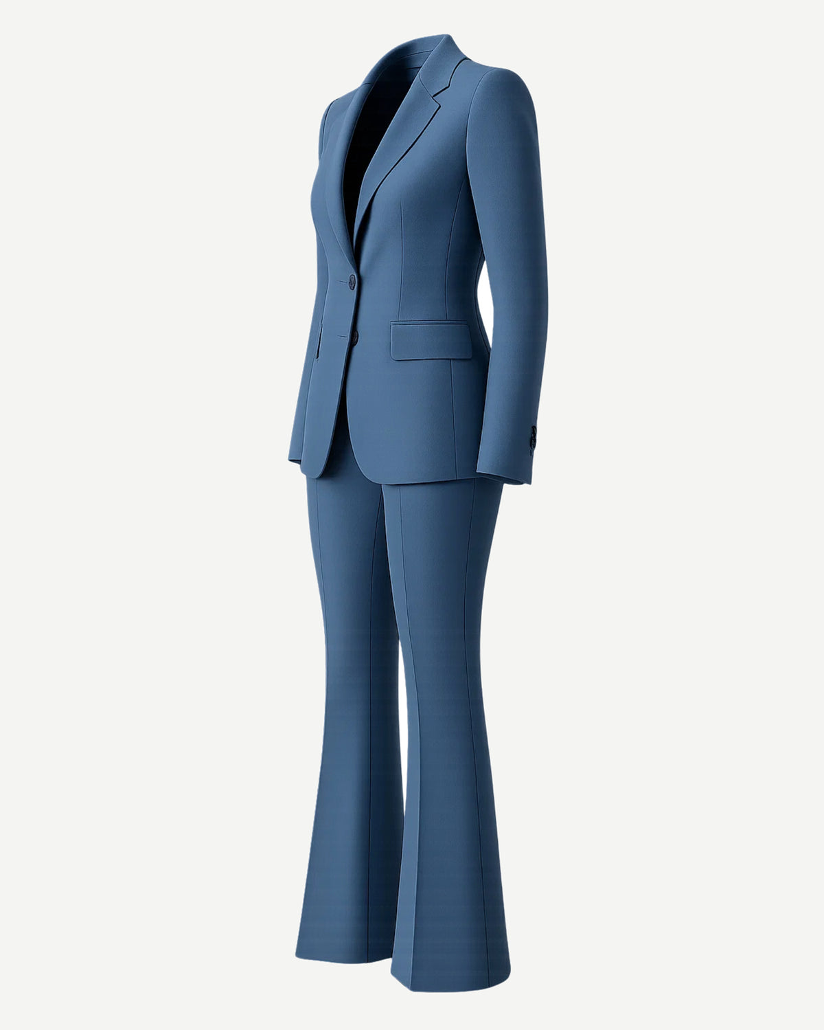 Women's Blue Two Piece Suit Set featuring a tailored blazer with slim lapels and structured shoulders, paired with high-rise, subtly flared trousers for a sleek and modern fit.