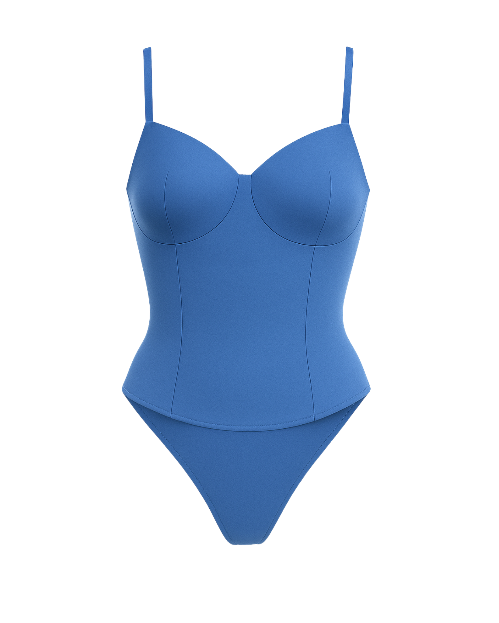 Women's Blue Loro Piana Corset Bodysuit Superfine Merino Wool featuring a fitted silhouette with smooth contour seams, structured cups, and slender adjustable straps in vibrant blue wool.