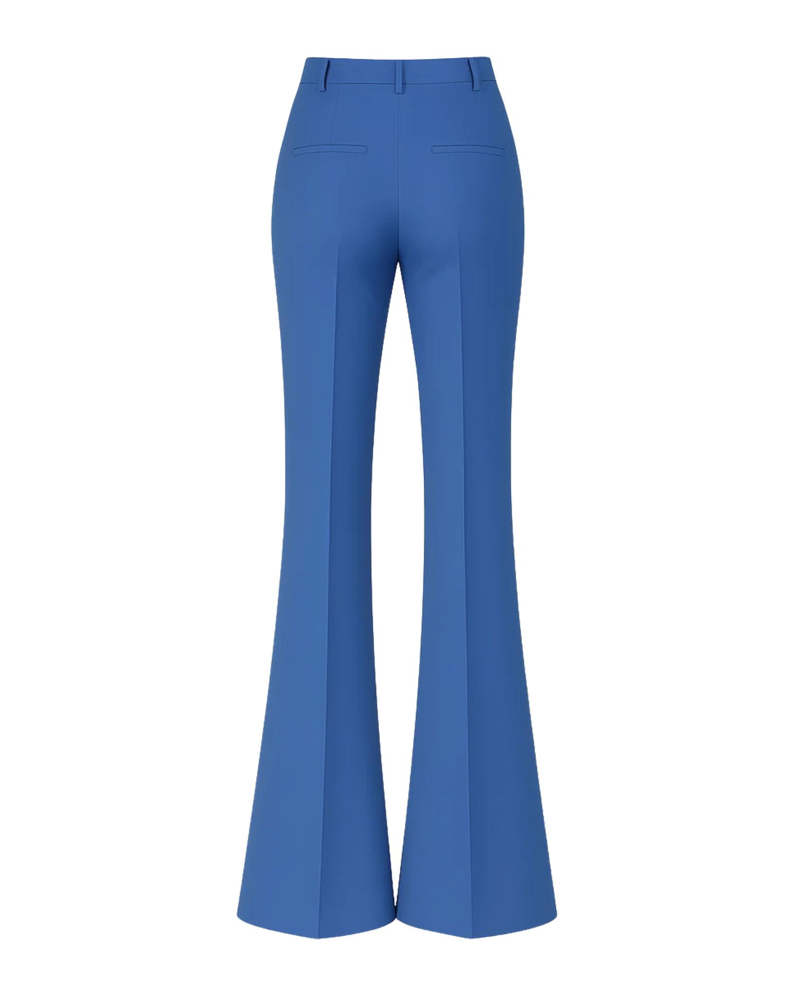 Women's Blue Loro Piana Flare Pants Superfine Merino Wool shown from the back, featuring a tailored high-rise waist, streamlined fit through the hips, and dramatic wide flare legs in luxurious merino wool.