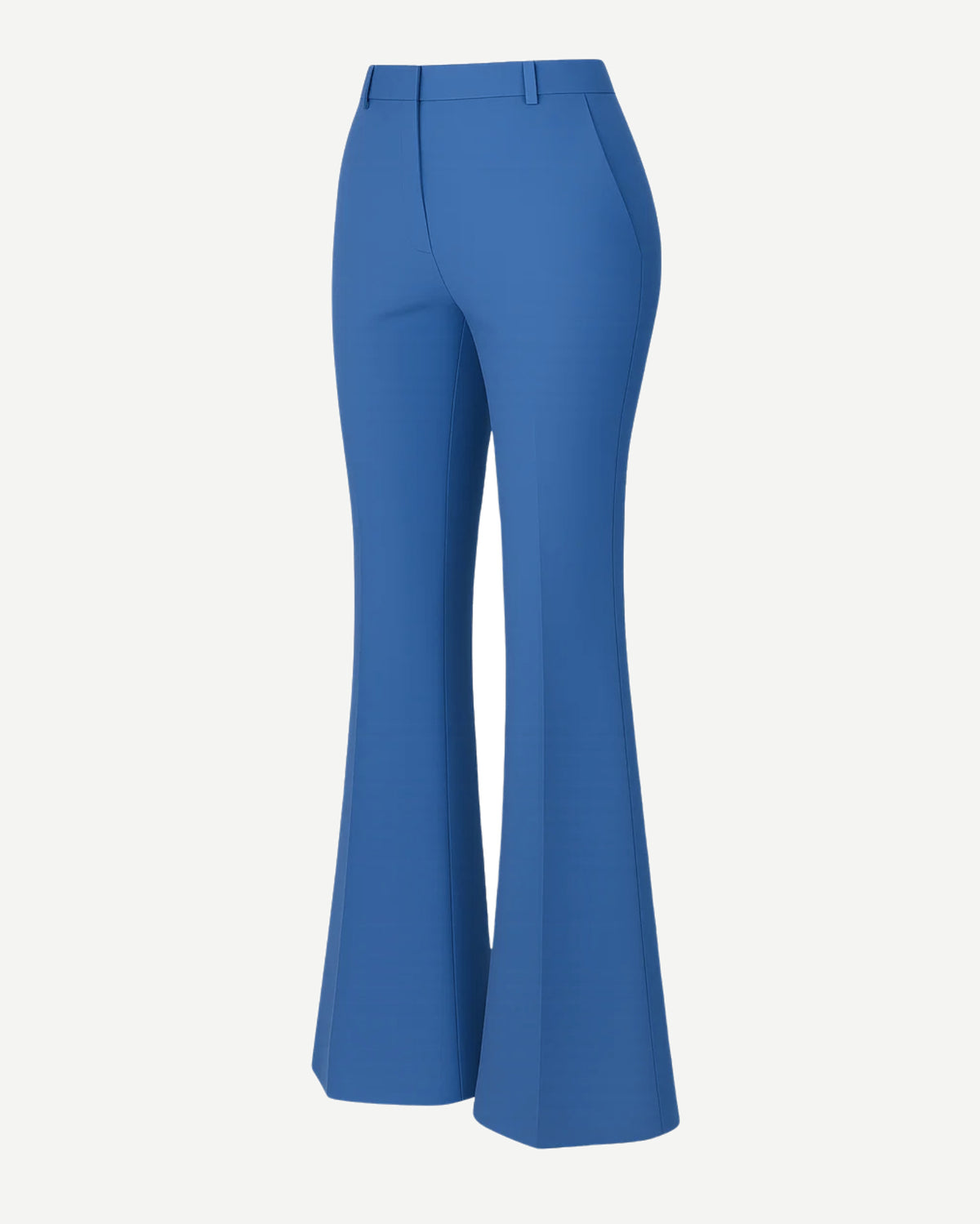 Women's Blue Loro Piana Flare Pants Superfine Merino Wool featuring a high-rise waist, smooth tailored fit through the hips, and wide flare legs crafted from premium merino wool fabric.
