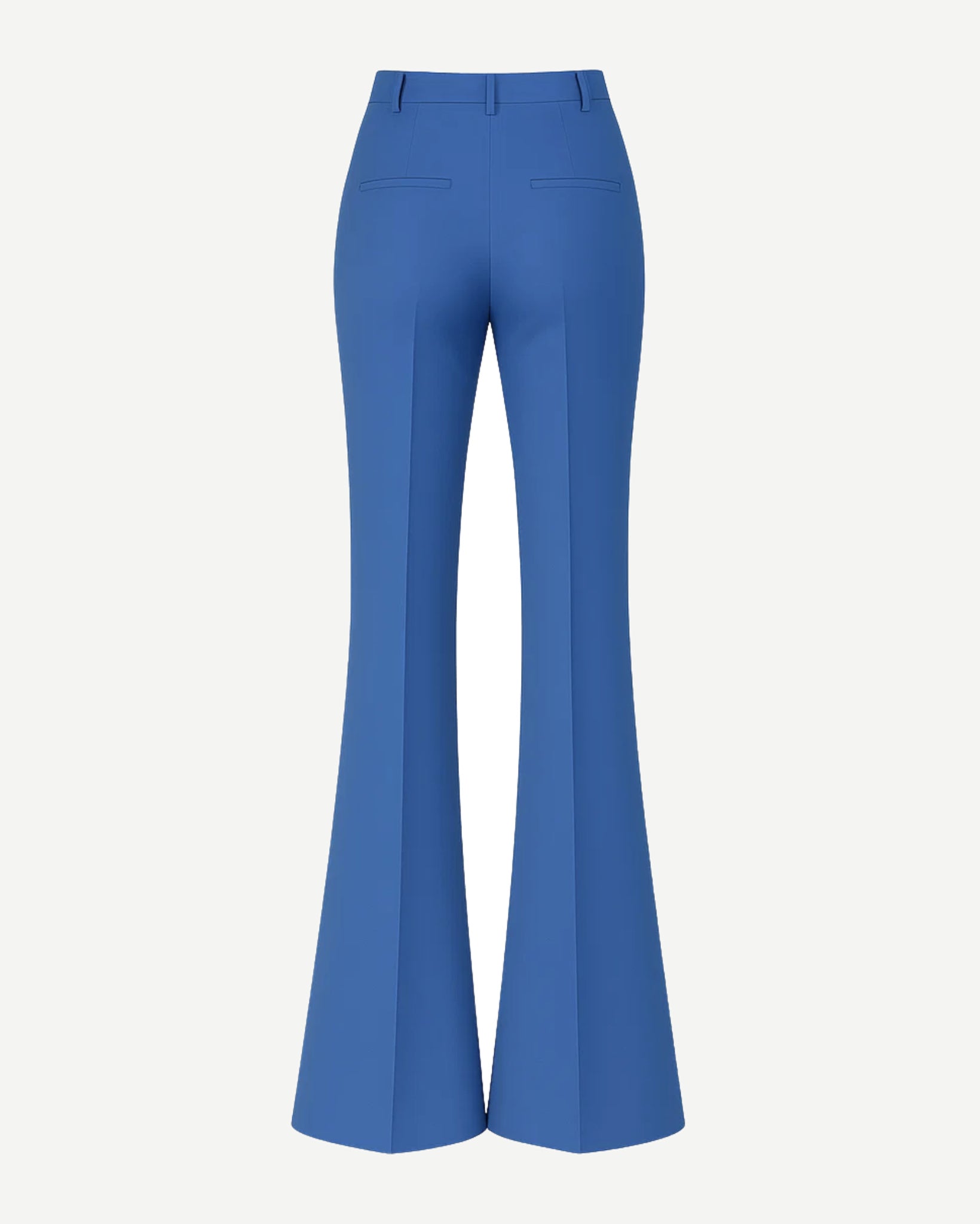 Women's Blue Loro Piana Flare Pants Superfine Merino Wool shown from the back, featuring a tailored high-rise waist, streamlined fit through the hips, and dramatic wide flare legs in luxurious merino wool.