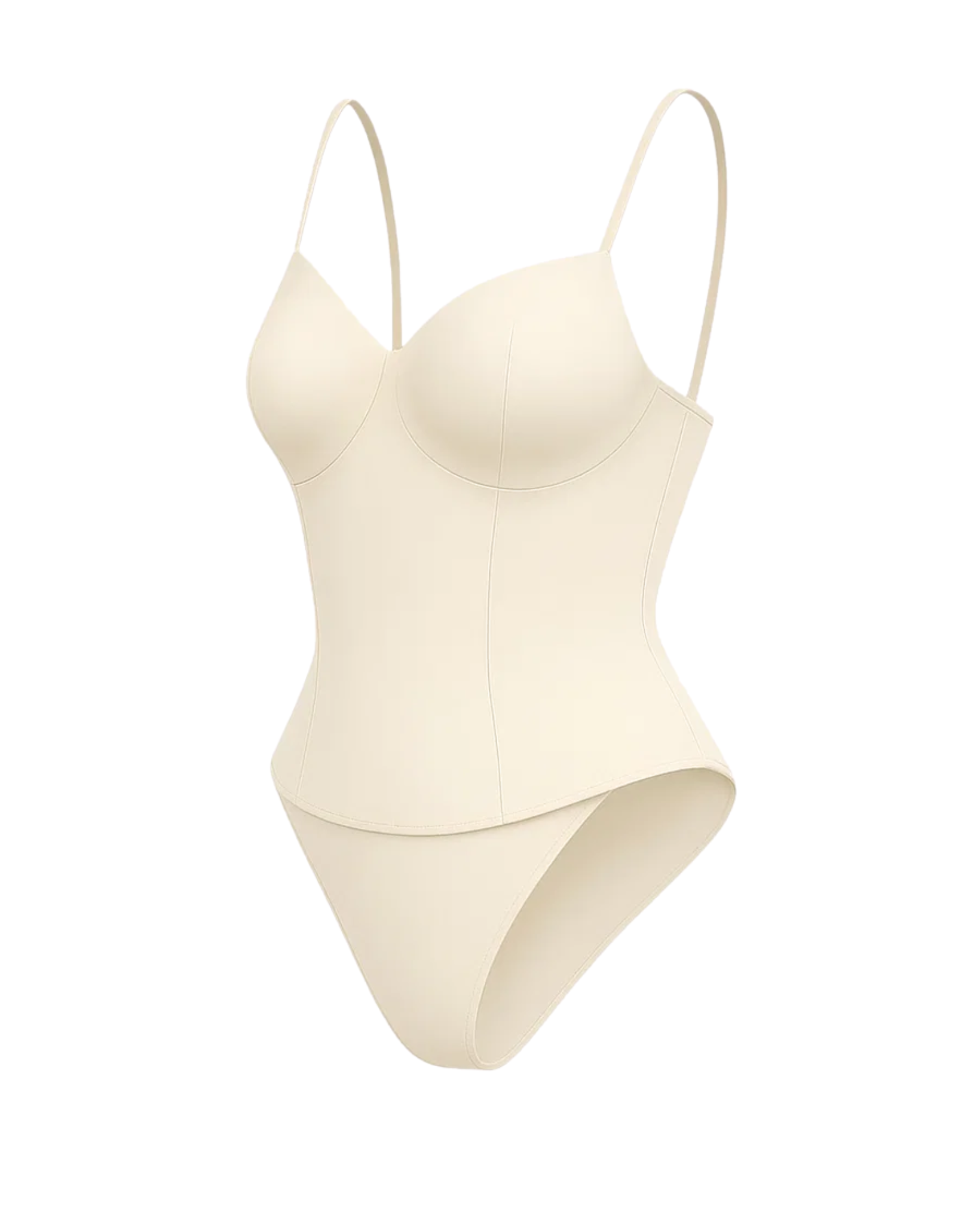 Women's Cream Loro Piana Corset Bodysuit Superfine Merino Wool with molded cups, slender adjustable straps, subtle contour seams, and a smooth, form-enhancing fit in soft cream.
