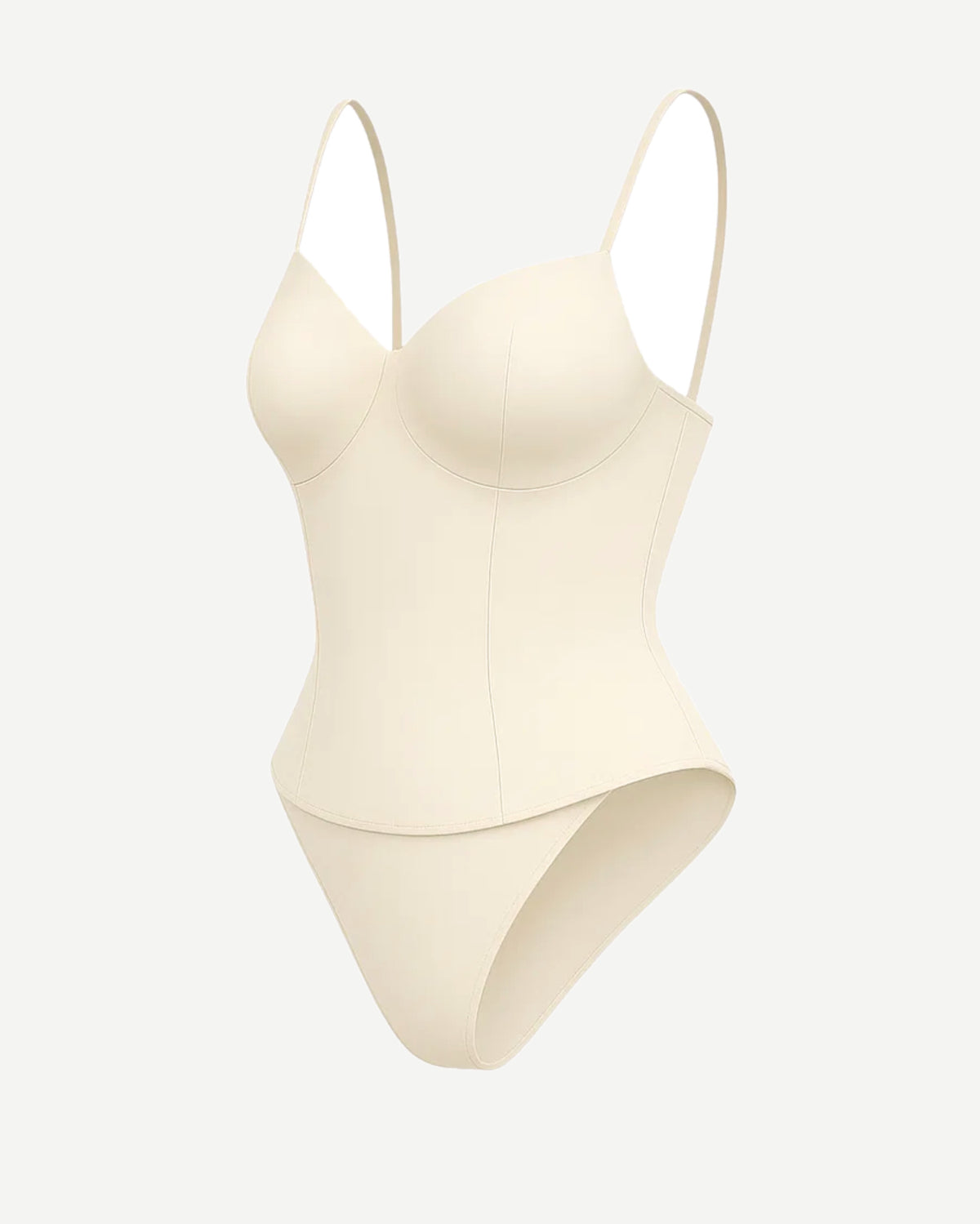 Women's Cream Loro Piana Corset Bodysuit Superfine Merino Wool with molded cups, slender adjustable straps, subtle contour seams, and a smooth, form-enhancing fit in soft cream.